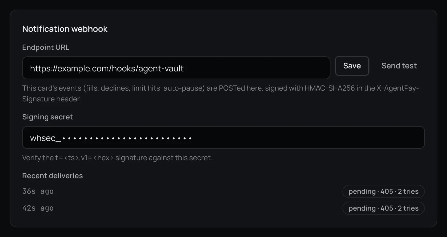 Agent card settings showing the Notification webhook block with an Endpoint URL field, Save and Send test buttons, a read-only Signing secret field, and a Recent deliveries list.