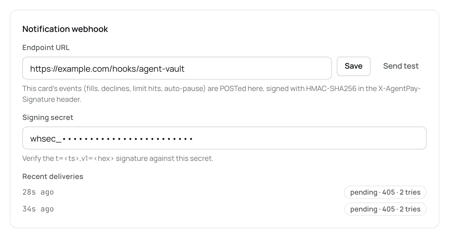Agent card settings showing the Notification webhook block with an Endpoint URL field, Save and Send test buttons, a read-only Signing secret field, and a Recent deliveries list.