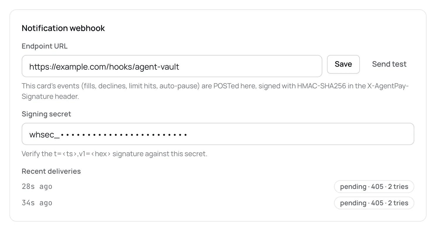 Agent card settings showing the Notification webhook block with an Endpoint URL field, Save and Send test buttons, a read-only Signing secret field, and a Recent deliveries list.