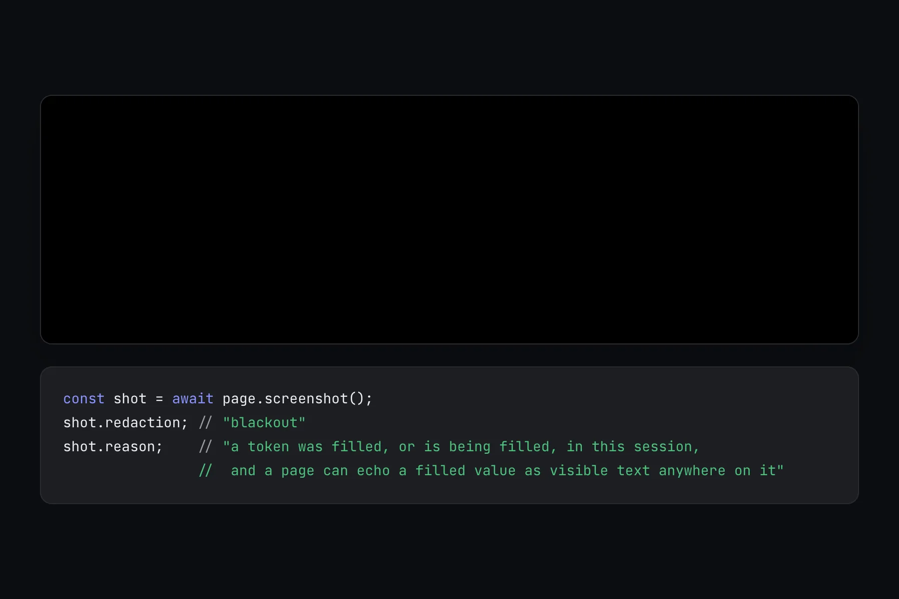 A black screenshot alongside its metadata, showing redaction set to blackout and a reason string.