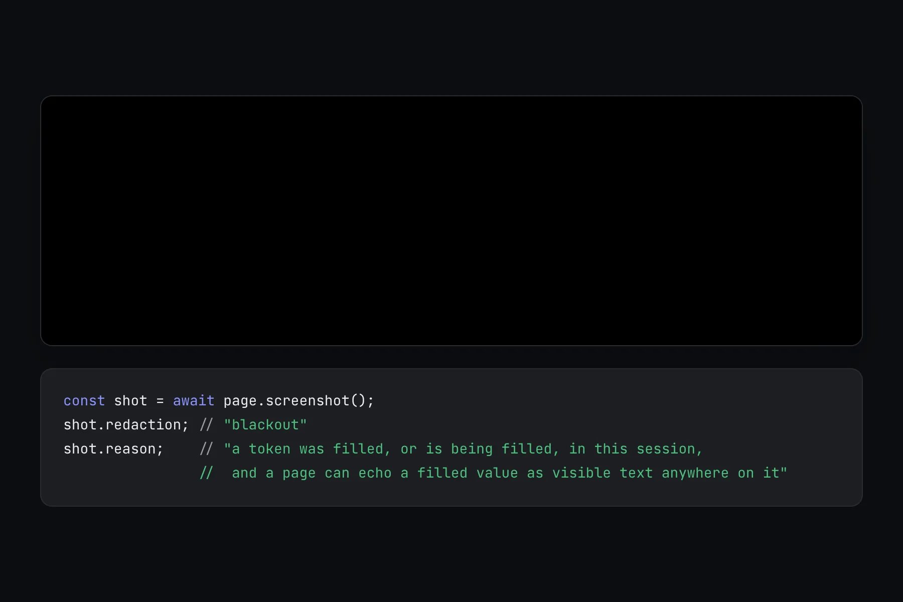 A black screenshot alongside its metadata, showing redaction set to blackout and a reason string.