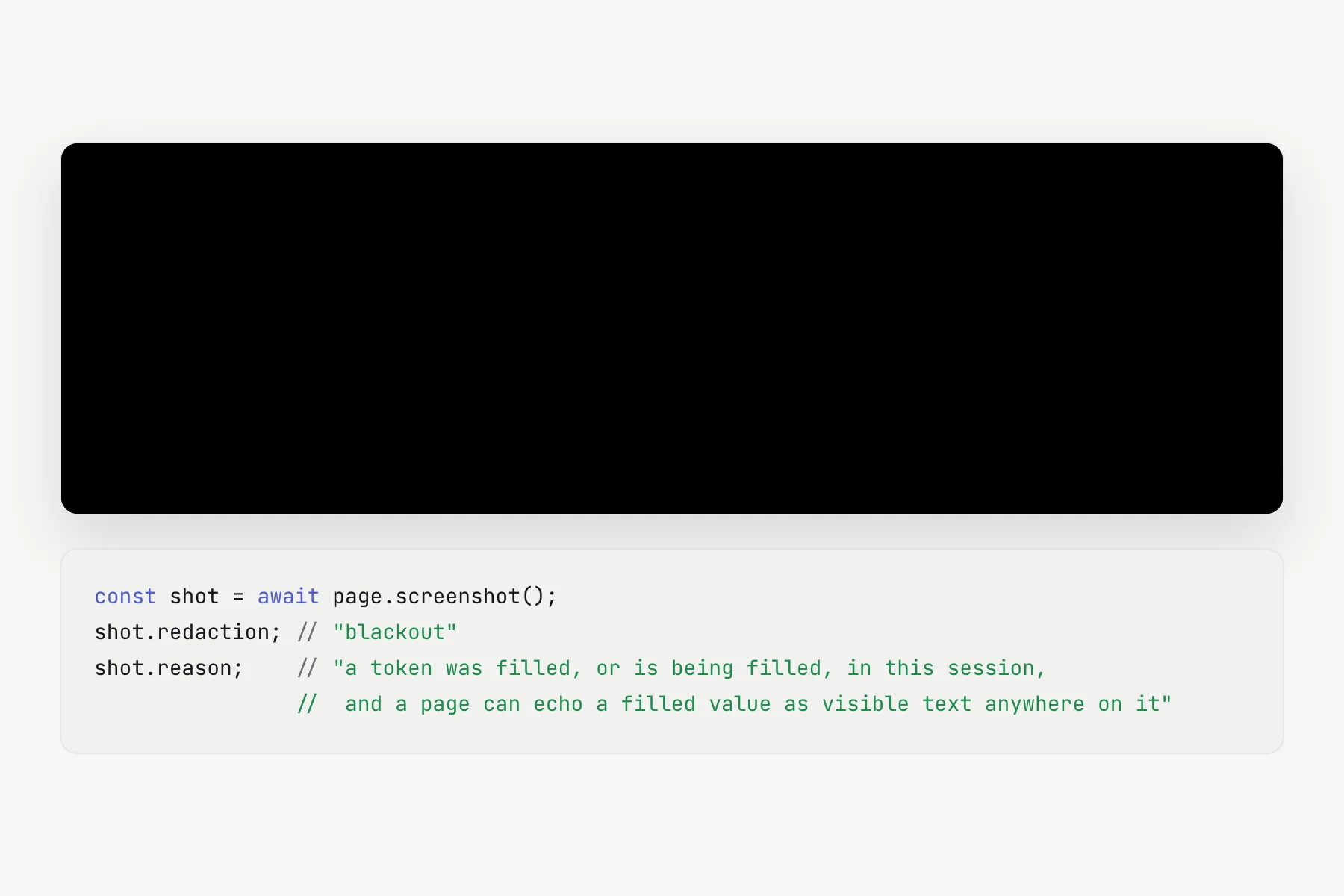 A black screenshot alongside its metadata, showing redaction set to blackout and a reason string.
