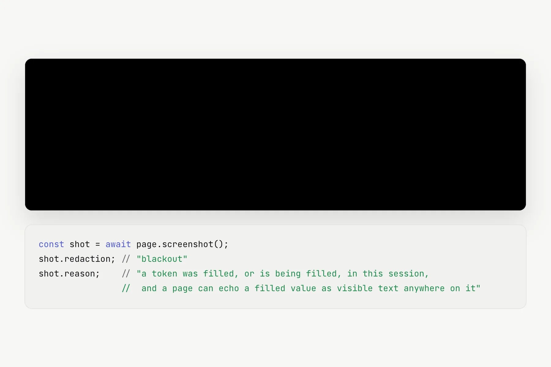 A black screenshot alongside its metadata, showing redaction set to blackout and a reason string.