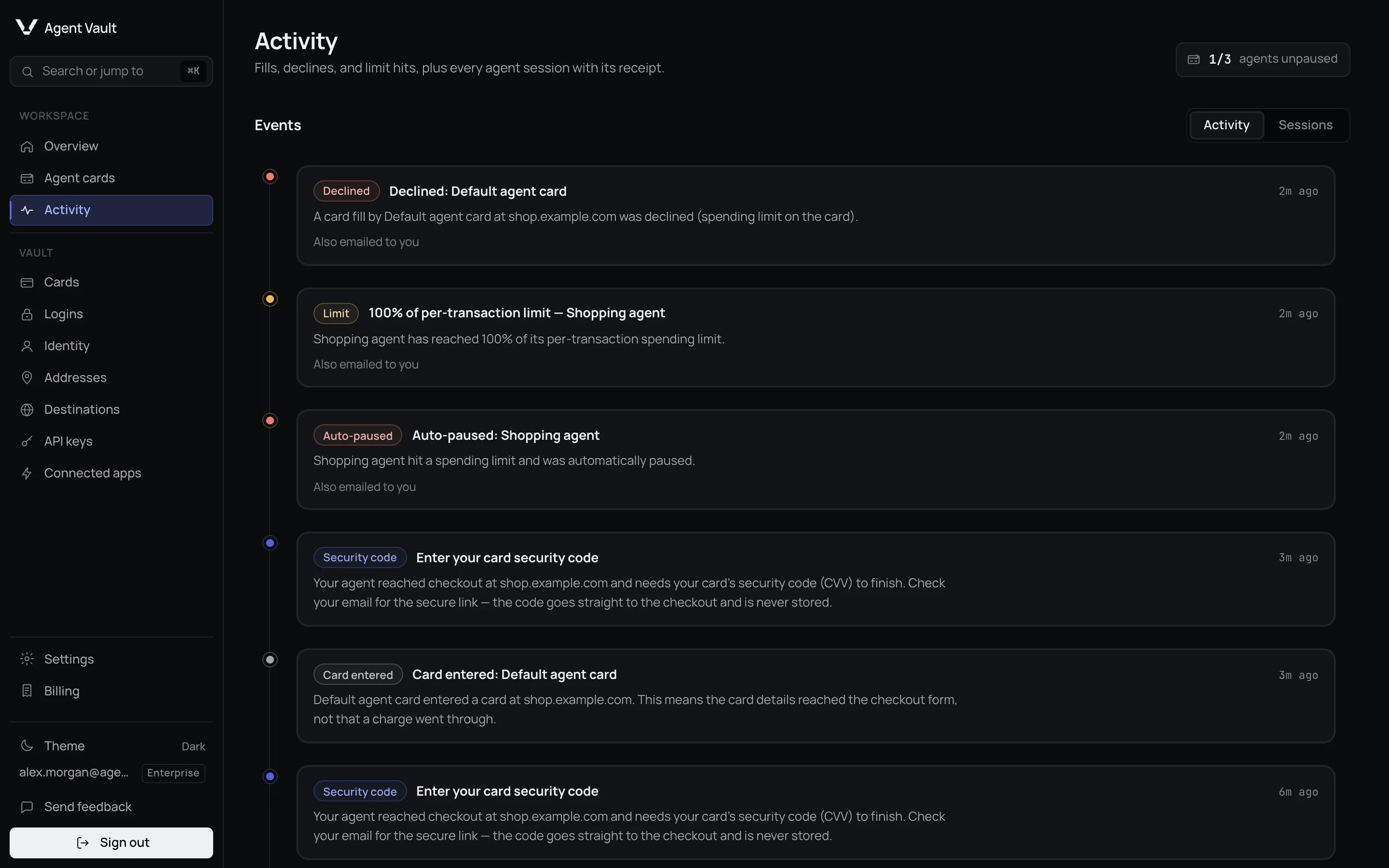 The Activity page on the Activity tab, showing a feed of events labelled Declined, Limit, Auto-paused, Security code and Card entered, each with a time. The Declined, Limit and Auto-paused events note that they were also emailed.
