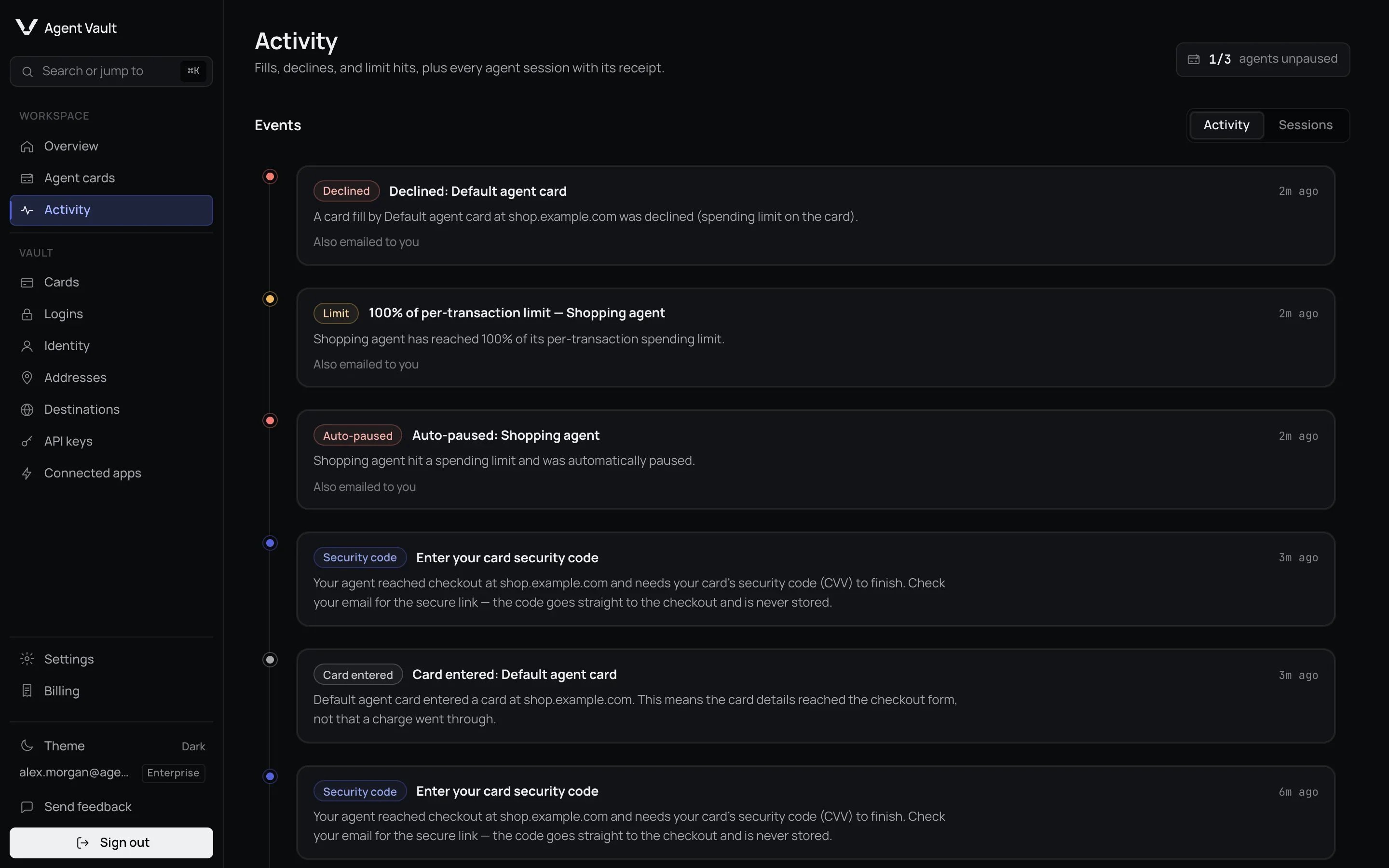 The Activity page on the Activity tab, showing a feed of events labelled Declined, Limit, Auto-paused, Security code and Card entered, each with a time. The Declined, Limit and Auto-paused events note that they were also emailed.