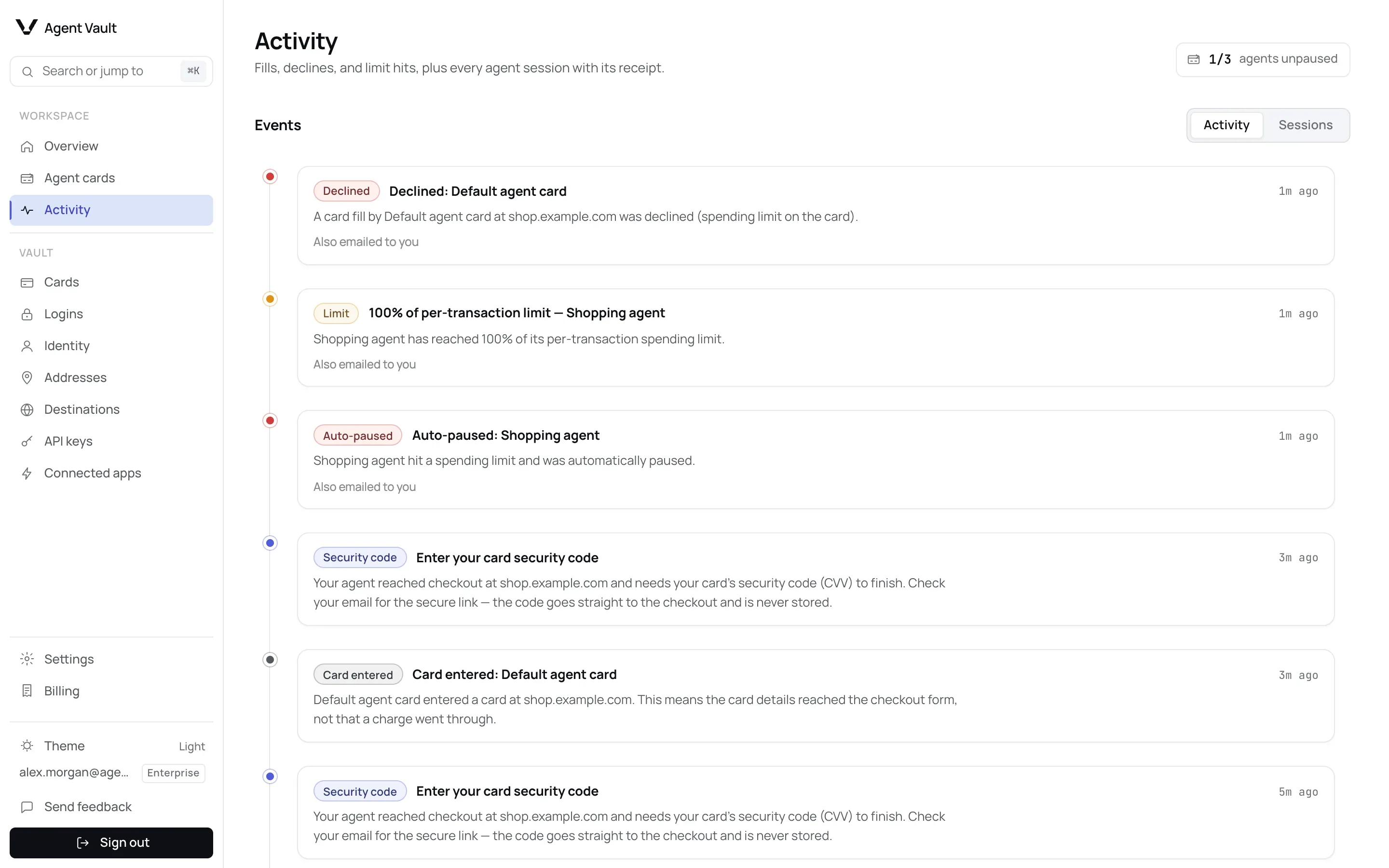 The Activity page on the Activity tab, showing a feed of events labelled Declined, Limit, Auto-paused, Security code and Card entered, each with a time. The Declined, Limit and Auto-paused events note that they were also emailed.