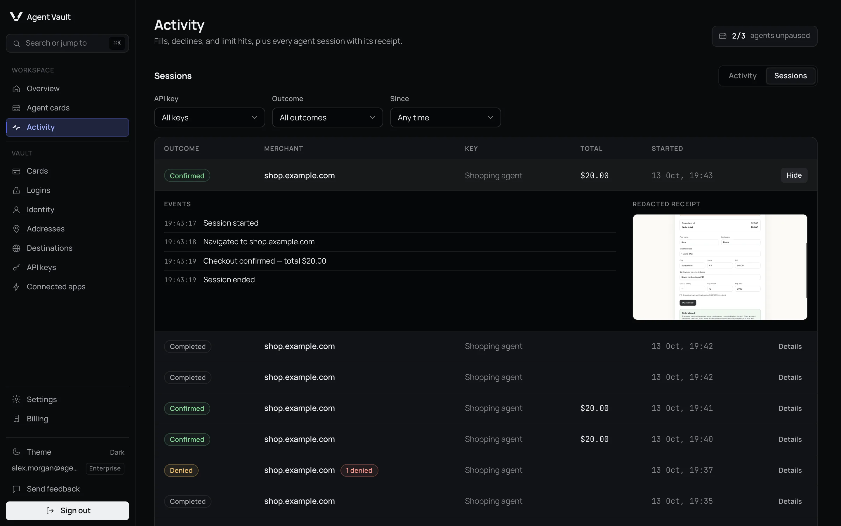 An expanded session showing a confirmation page screenshot in the Redacted receipt panel.
