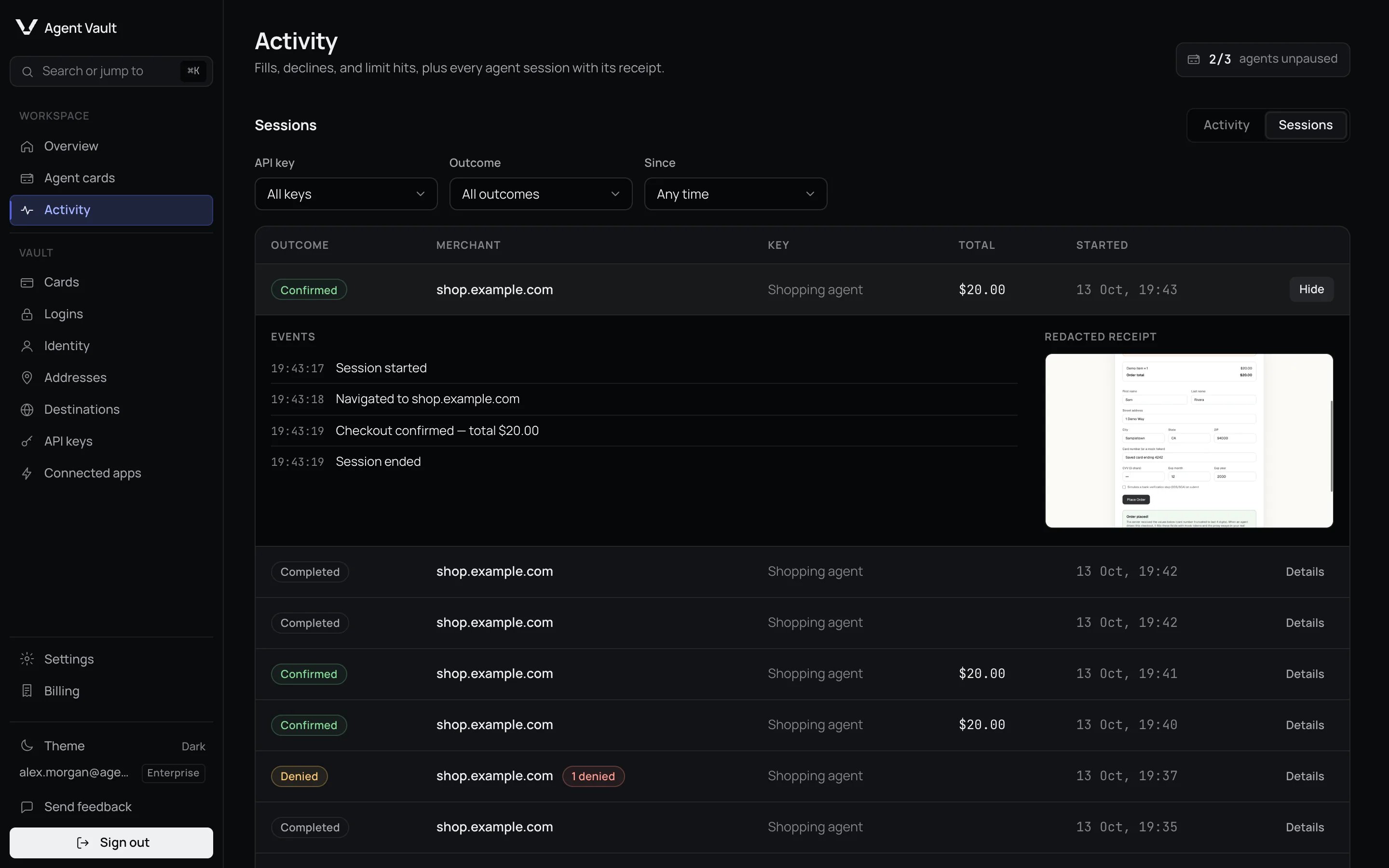 An expanded session showing a confirmation page screenshot in the Redacted receipt panel.