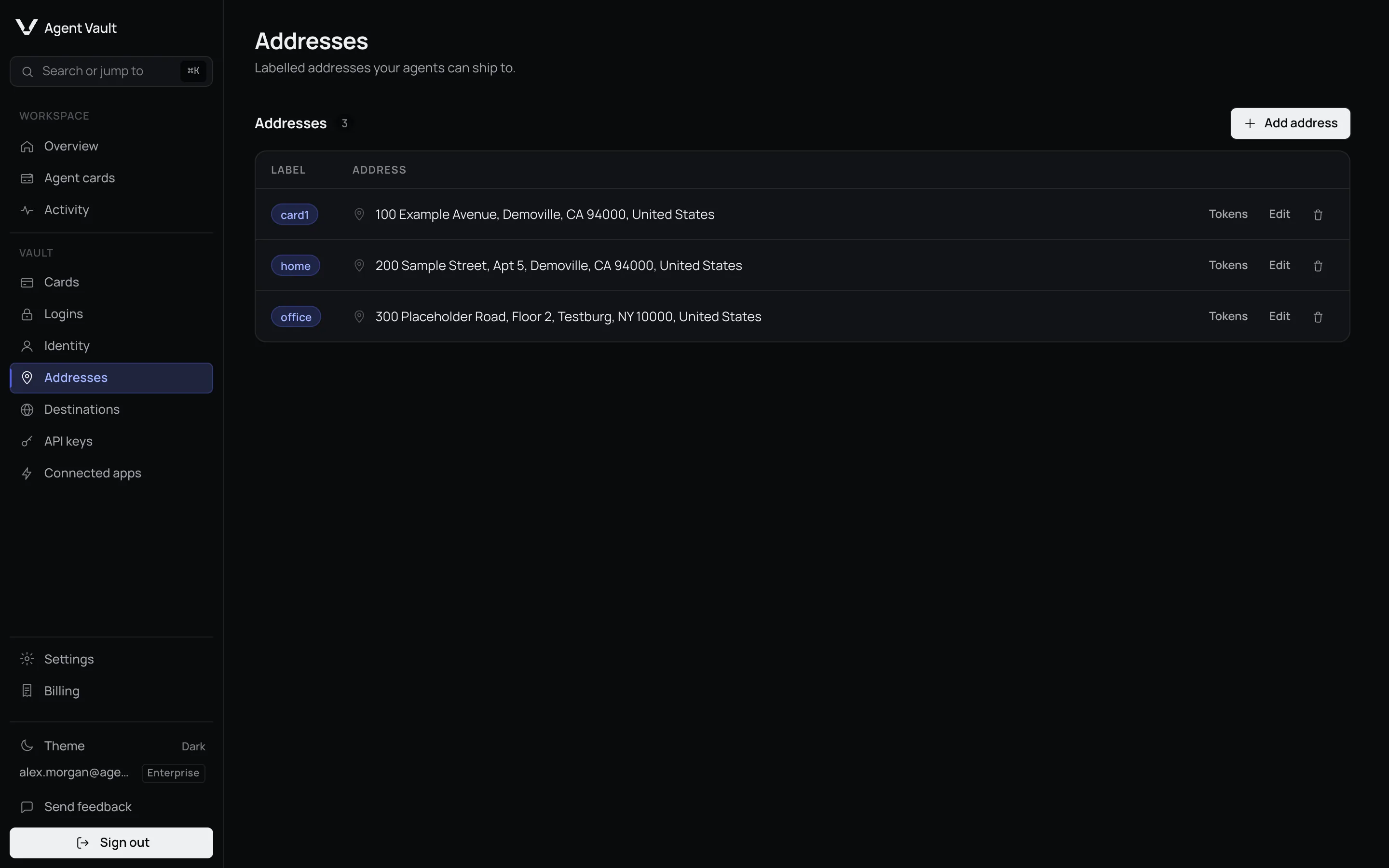 The Addresses page listing three addresses labelled card1, home and office, each with Tokens, Edit and delete actions.