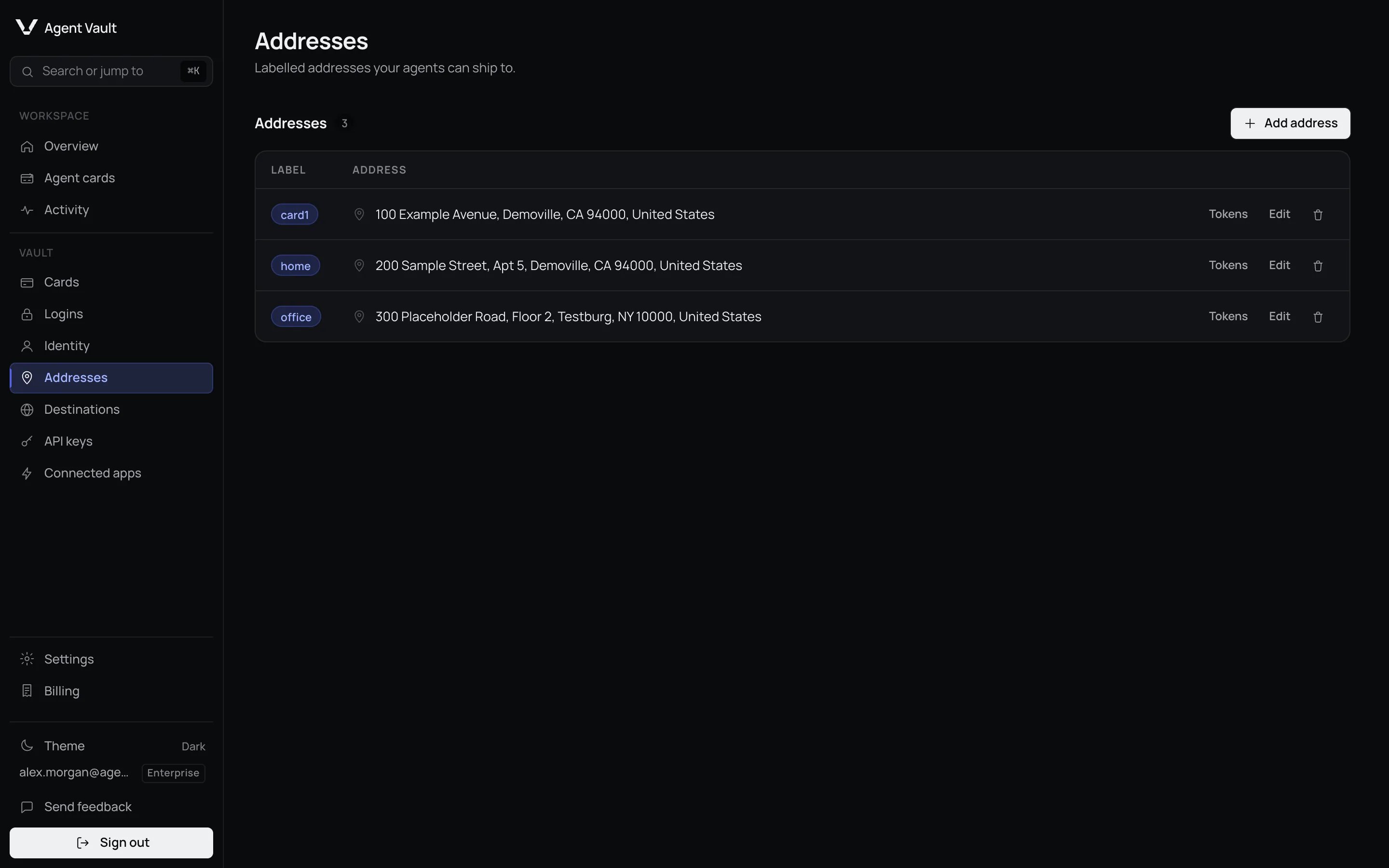 The Addresses page listing three addresses labelled card1, home and office, each with Tokens, Edit and delete actions.