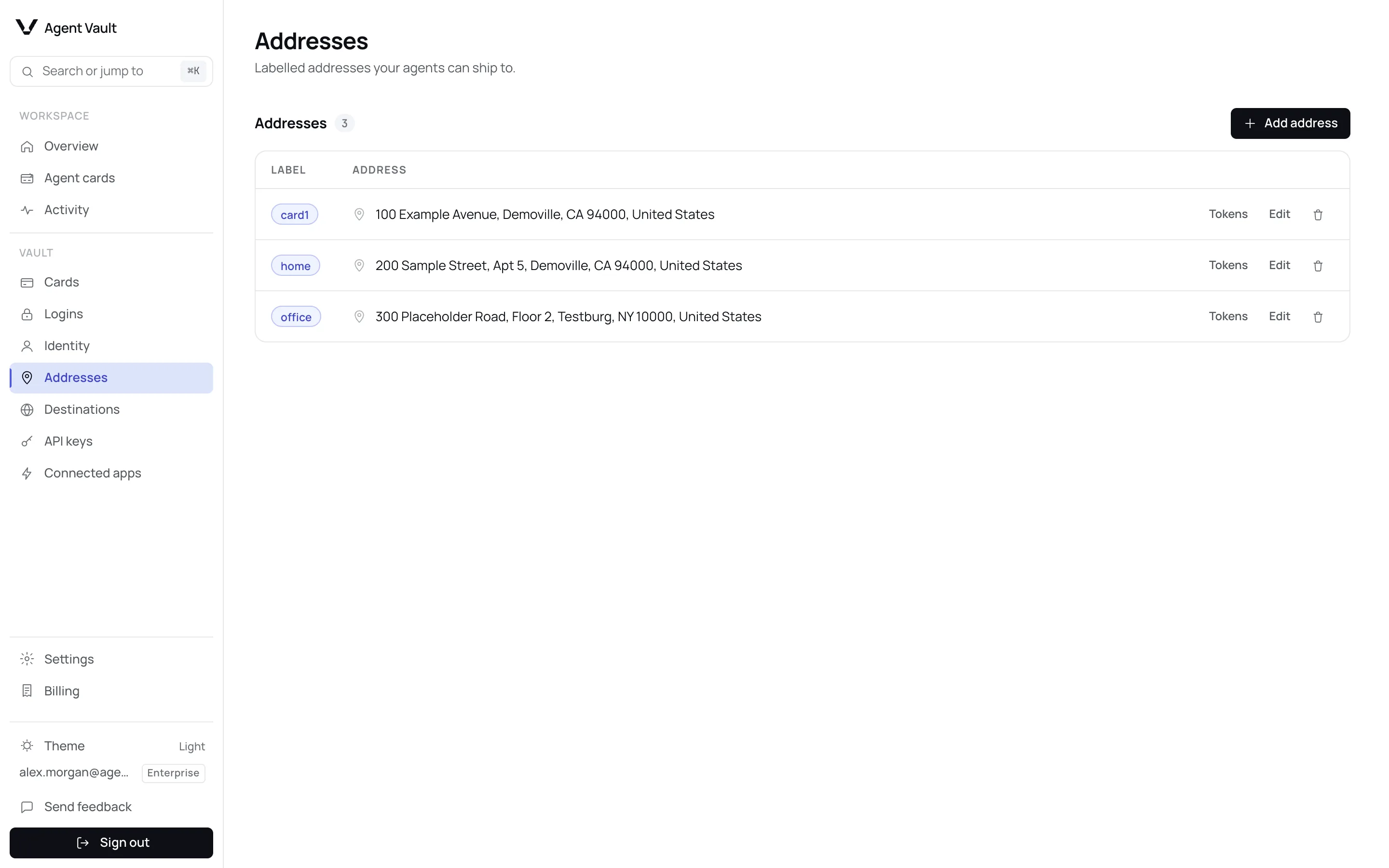 The Addresses page listing three addresses labelled card1, home and office, each with Tokens, Edit and delete actions.