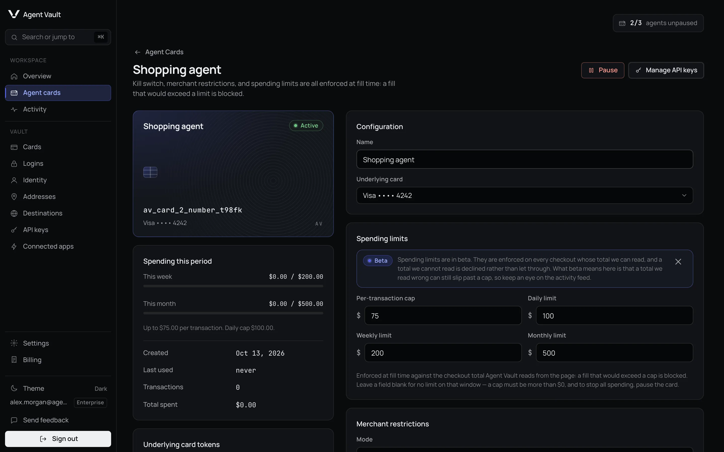 The Shopping agent card page, marked Active, with Pause and Manage API keys buttons, the Spending this period meters, the Configuration panel, and the Spending limits section.