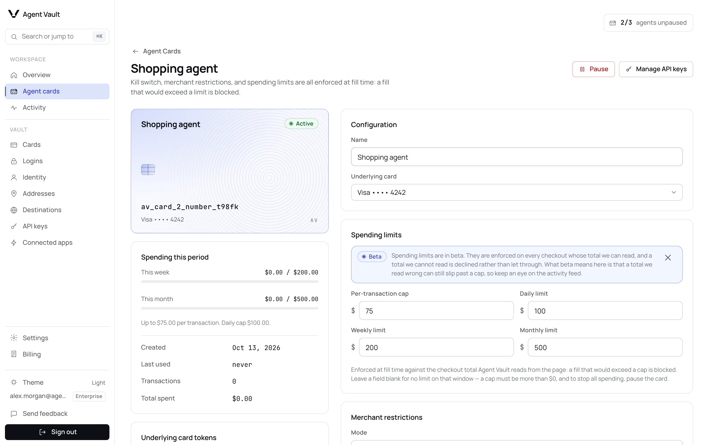 The Shopping agent card page, marked Active, with Pause and Manage API keys buttons, the Spending this period meters, the Configuration panel, and the Spending limits section.