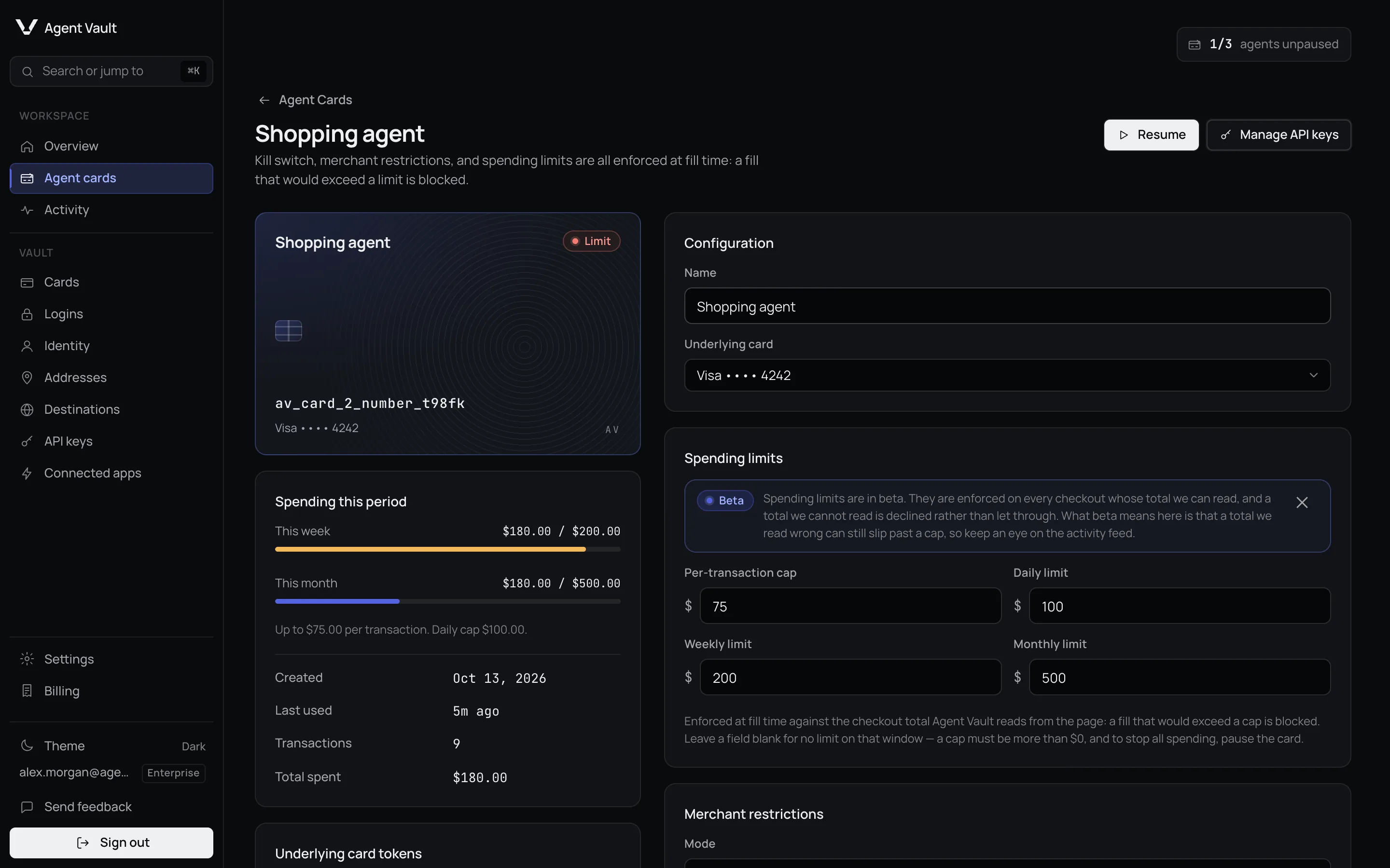 Agent card page showing the Limit status, a Resume button and spend bars near the weekly cap.