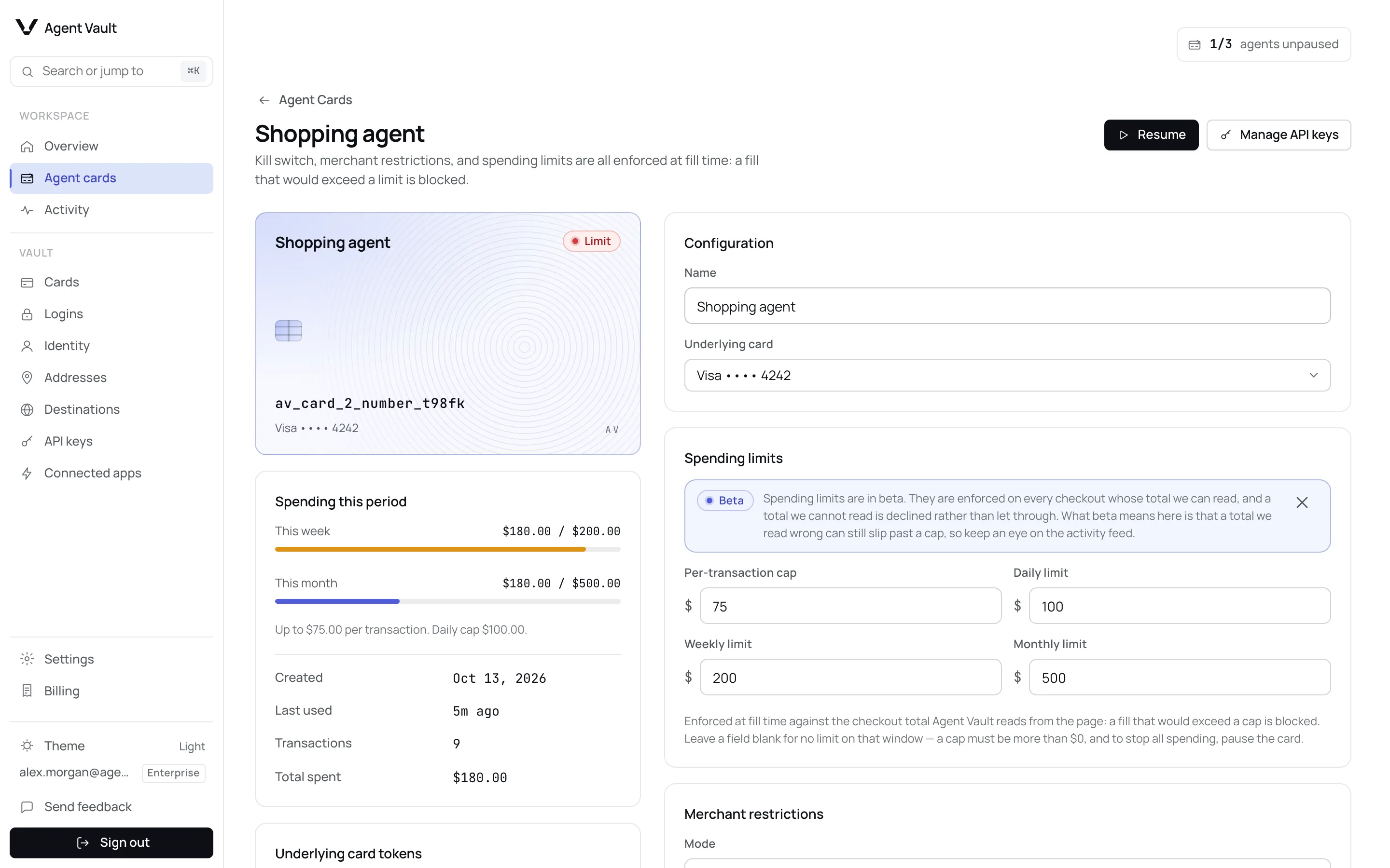 Agent card page showing the Limit status, a Resume button and spend bars near the weekly cap.