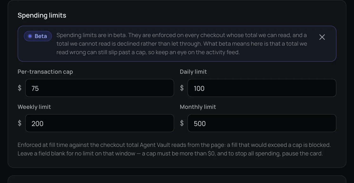 Spending limits section with the per-transaction cap and the daily, weekly and monthly limit fields.