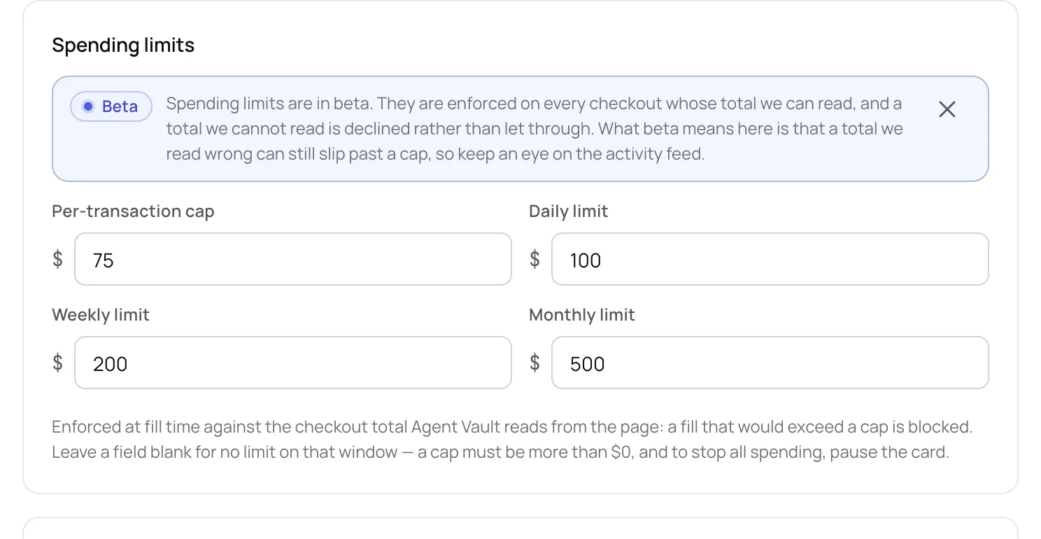 Spending limits section with the per-transaction cap and the daily, weekly and monthly limit fields.