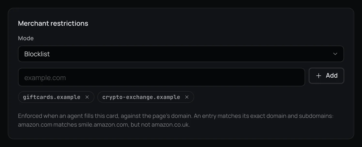 The Merchant restrictions section with Mode set to Blocklist, a domain field with an Add button, and two blocked domains shown as removable chips.