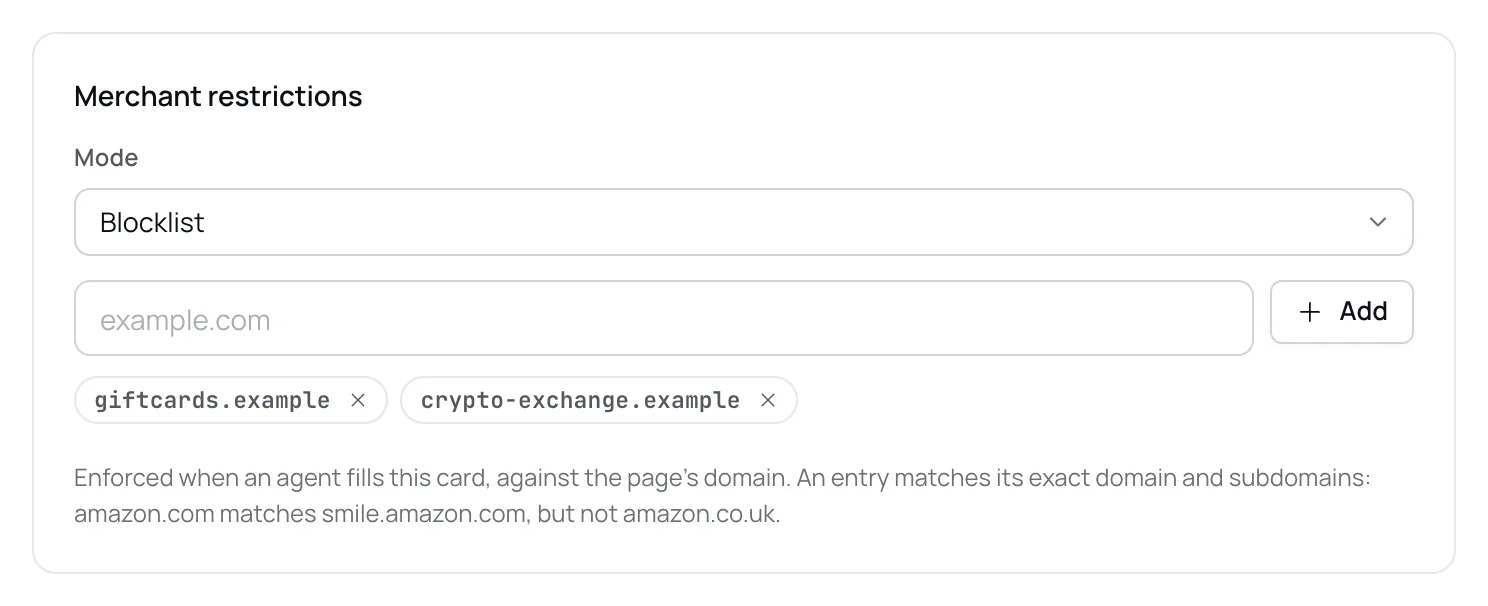 The Merchant restrictions section with Mode set to Blocklist, a domain field with an Add button, and two blocked domains shown as removable chips.