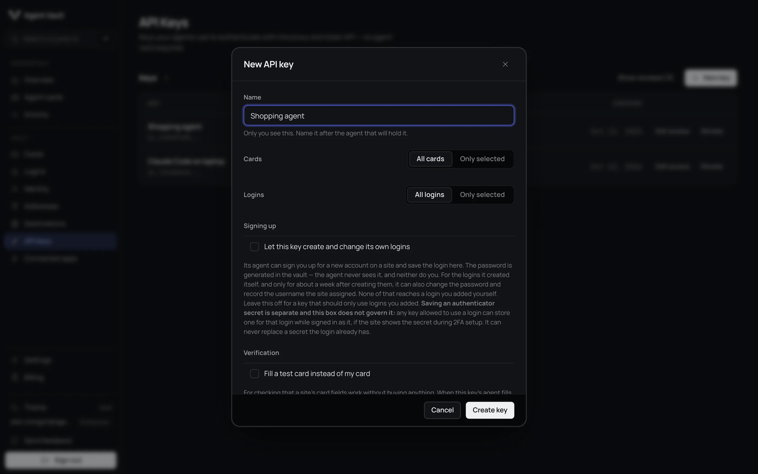 The New API key dialog with a Name field, Cards and Logins access each set to All or Only selected, and the signup checkbox turned off.
