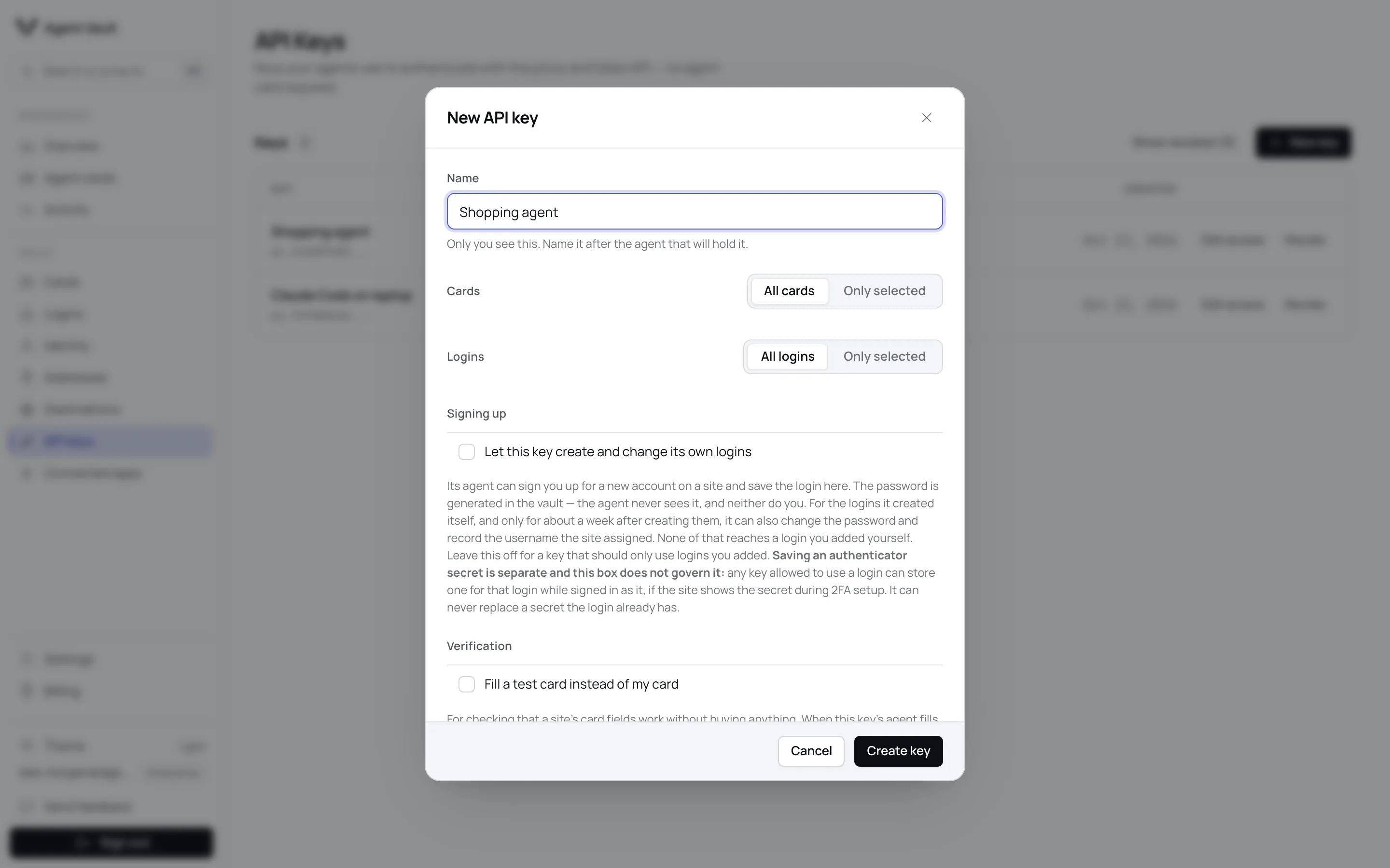 The New API key dialog with a Name field, Cards and Logins access each set to All or Only selected, and the signup checkbox turned off.