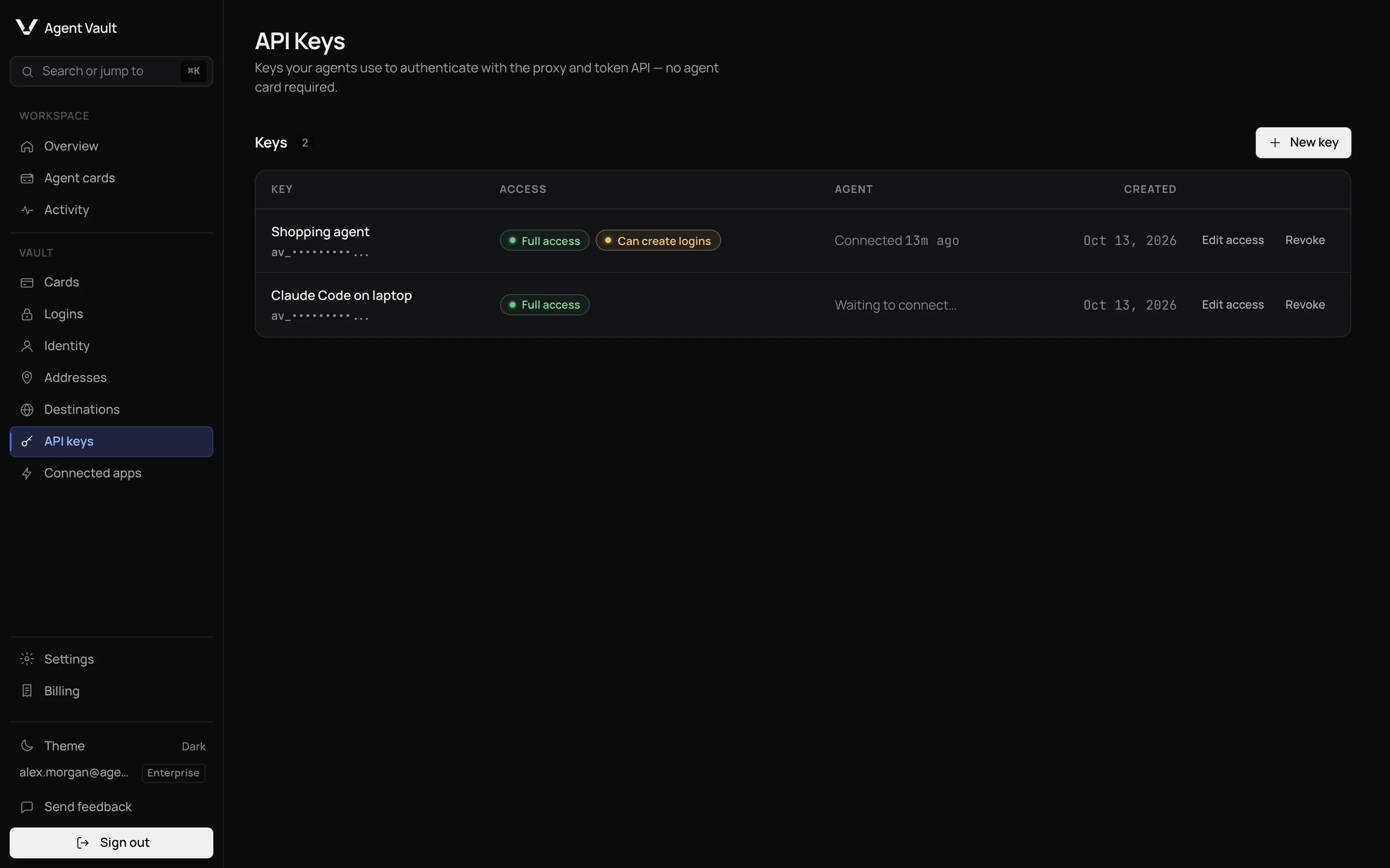 The API keys page listing two keys, Shopping agent and Claude Code on laptop, each with its masked prefix, Full access, and whether its agent has connected: Connected 12m ago and Waiting to connect.