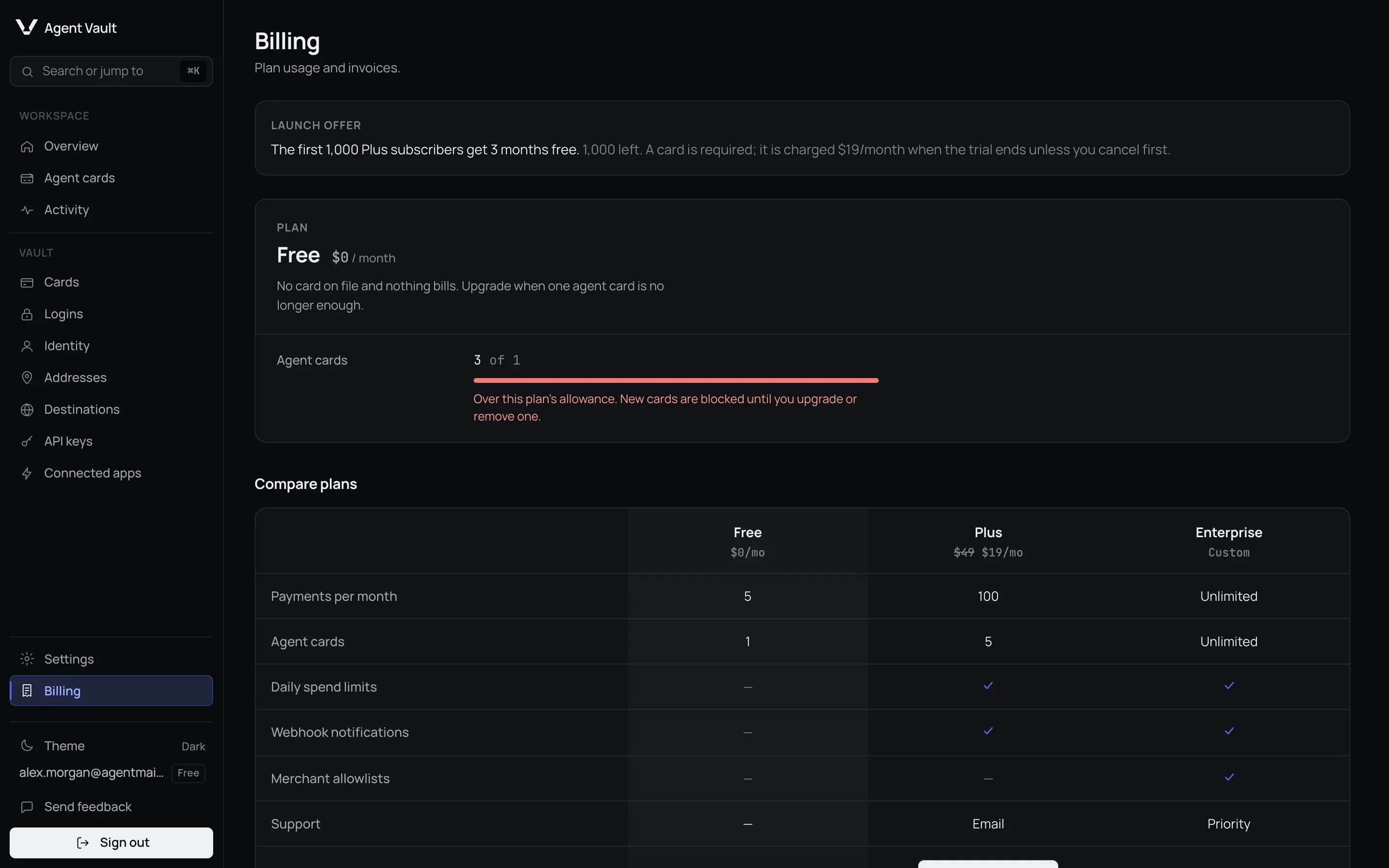 The Billing page showing the Free plan at $0 a month, 3 of 1 agent cards used with a note that new cards are blocked until you upgrade, and the top of the Compare plans table for Free, Plus and Enterprise.