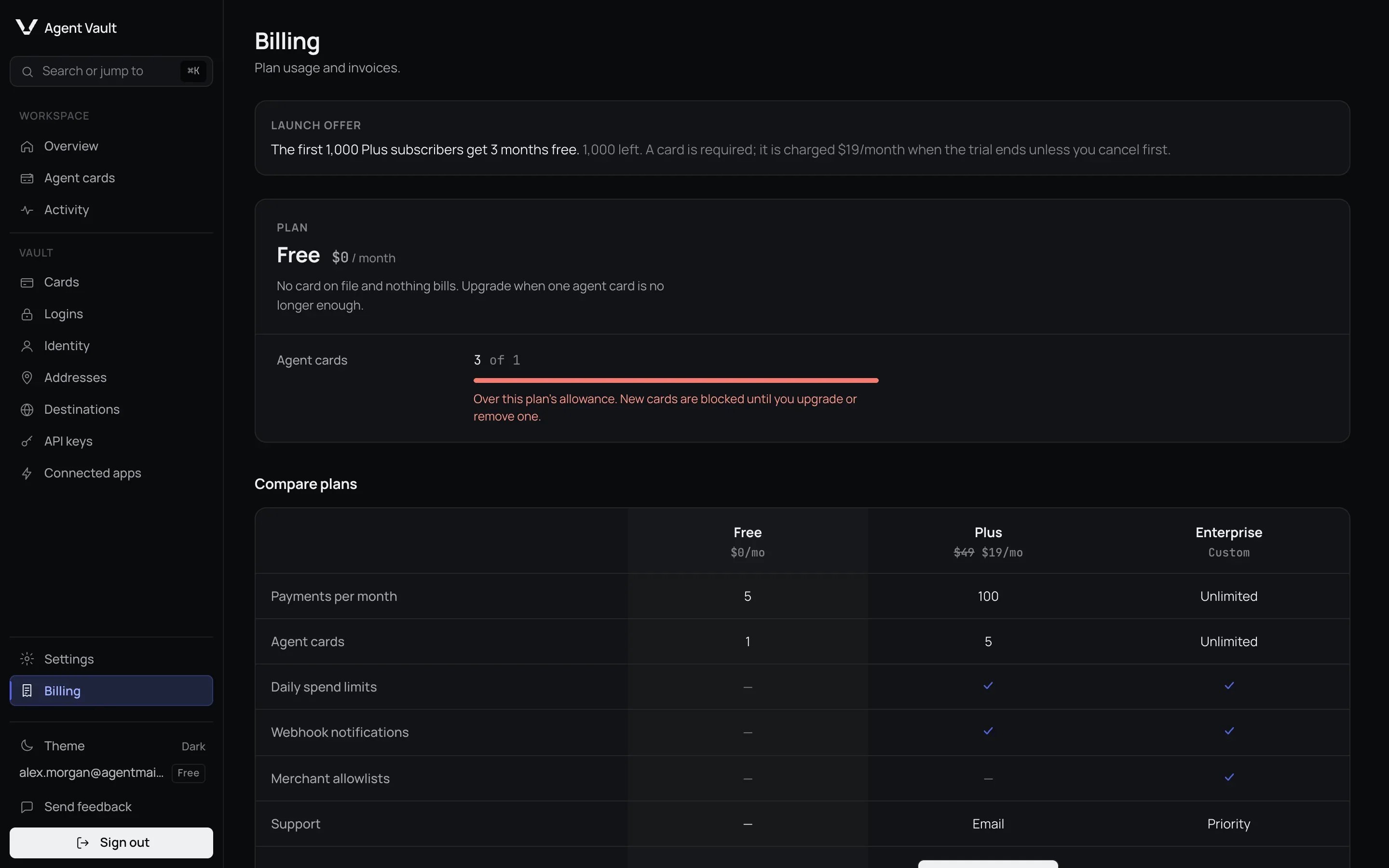 The Billing page showing the Free plan at $0 a month, 3 of 1 agent cards used with a note that new cards are blocked until you upgrade, and the top of the Compare plans table for Free, Plus and Enterprise.