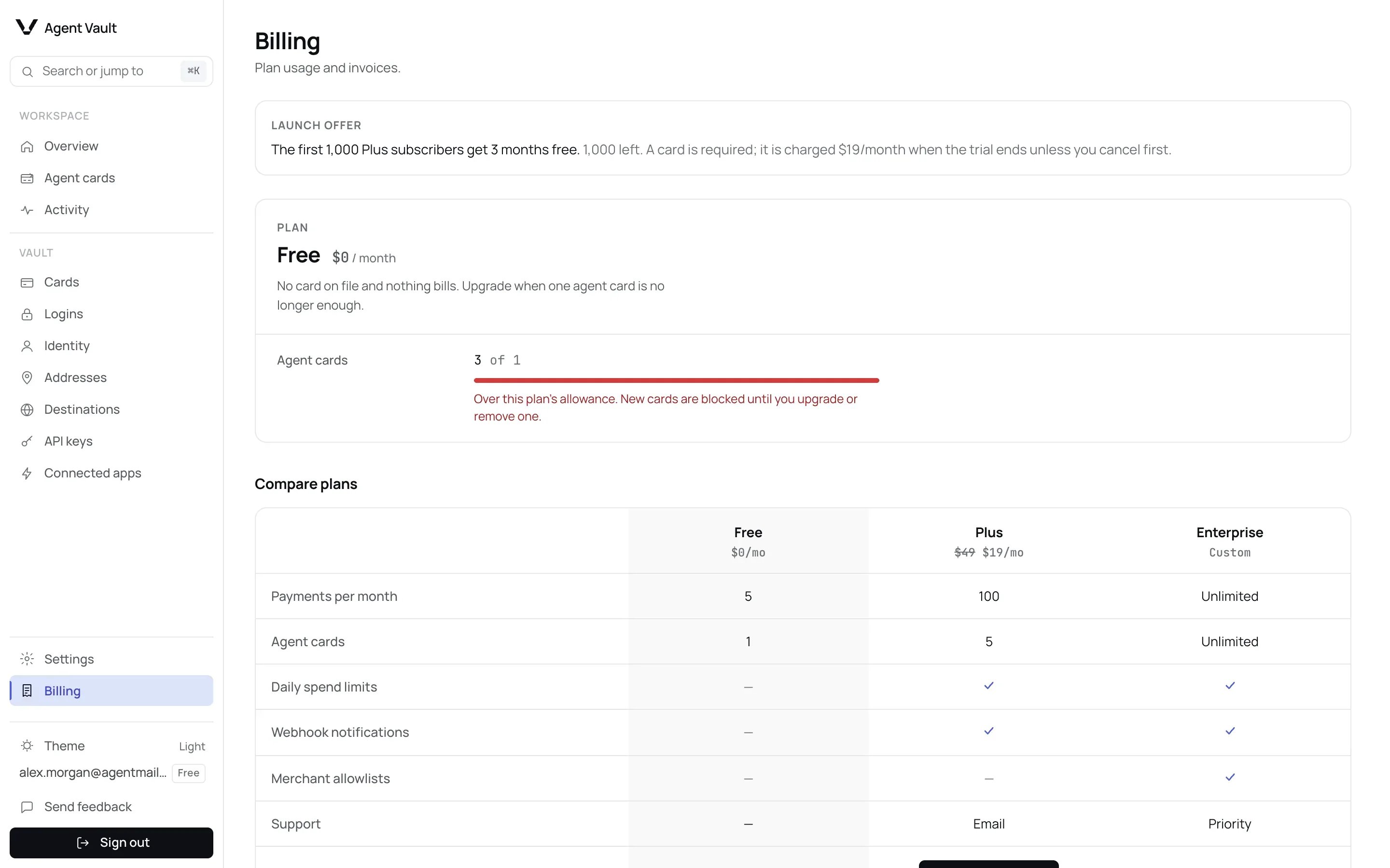 The Billing page showing the Free plan at $0 a month, 3 of 1 agent cards used with a note that new cards are blocked until you upgrade, and the top of the Compare plans table for Free, Plus and Enterprise.