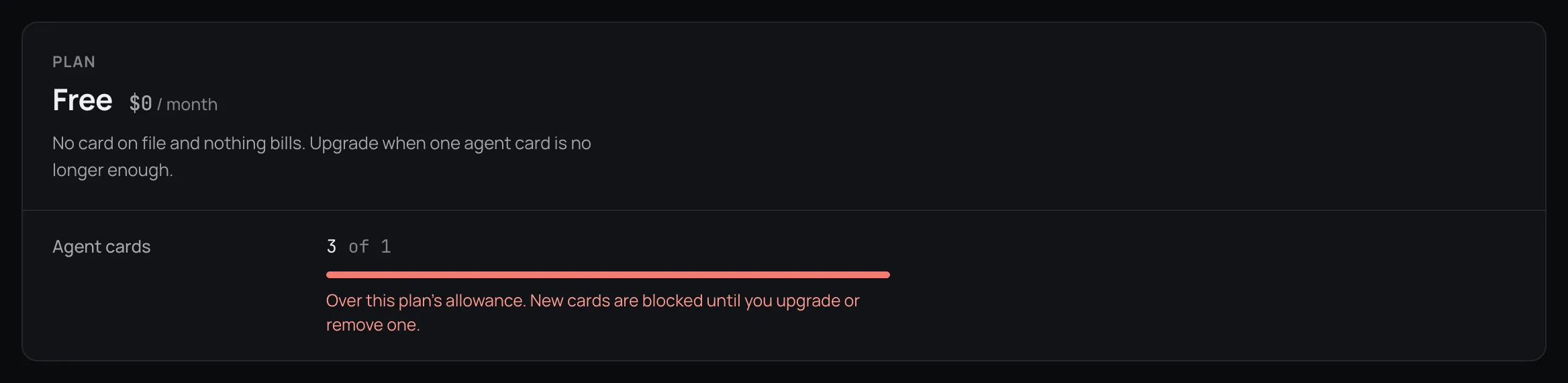 The Billing usage panel showing Agent cards 3 of 1 with a red bar and a note that new cards are blocked until you upgrade or remove one.