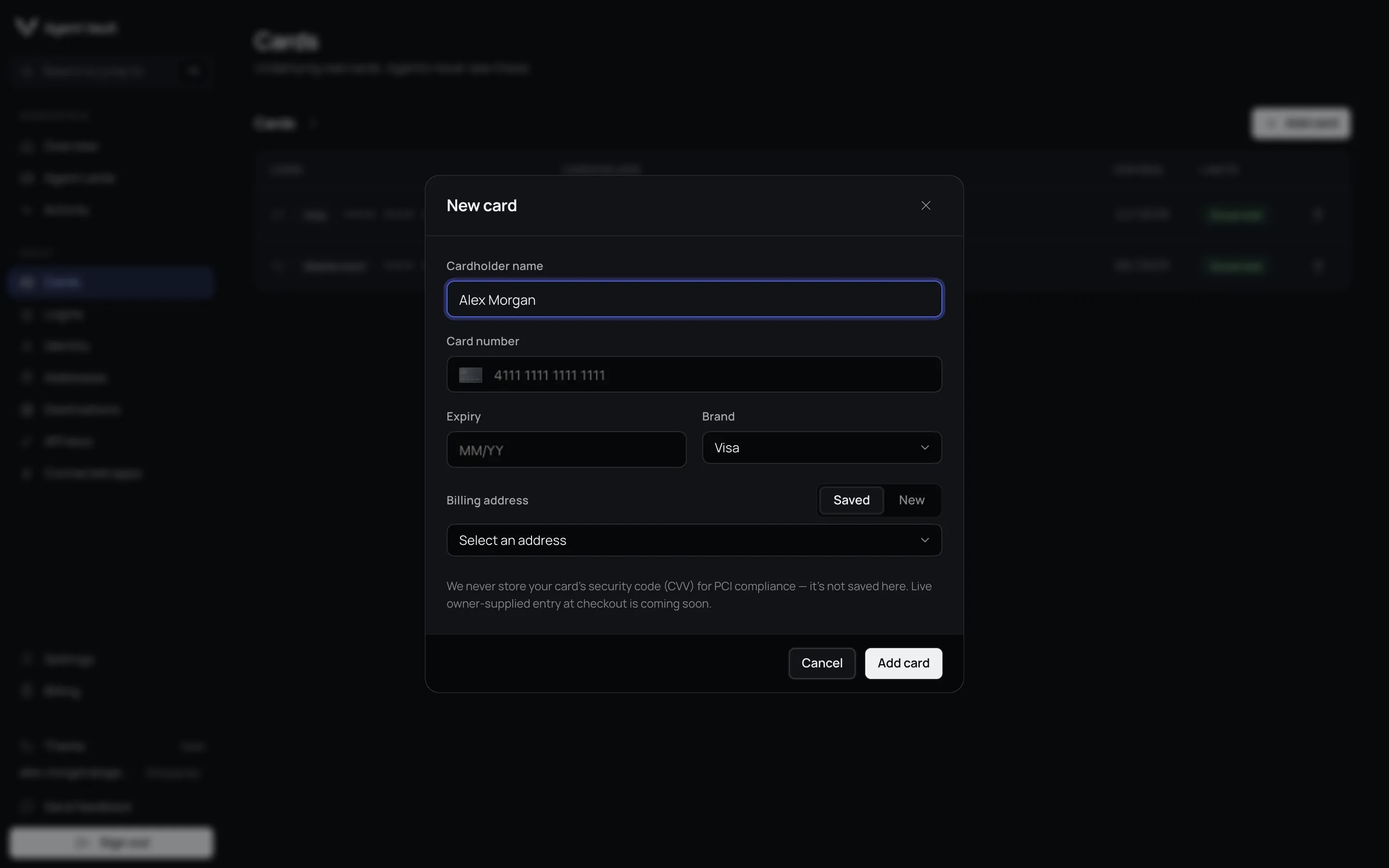 The New card dialog with Cardholder name, Card number, Expiry, Brand and Billing address fields, and Cancel and Add card buttons.