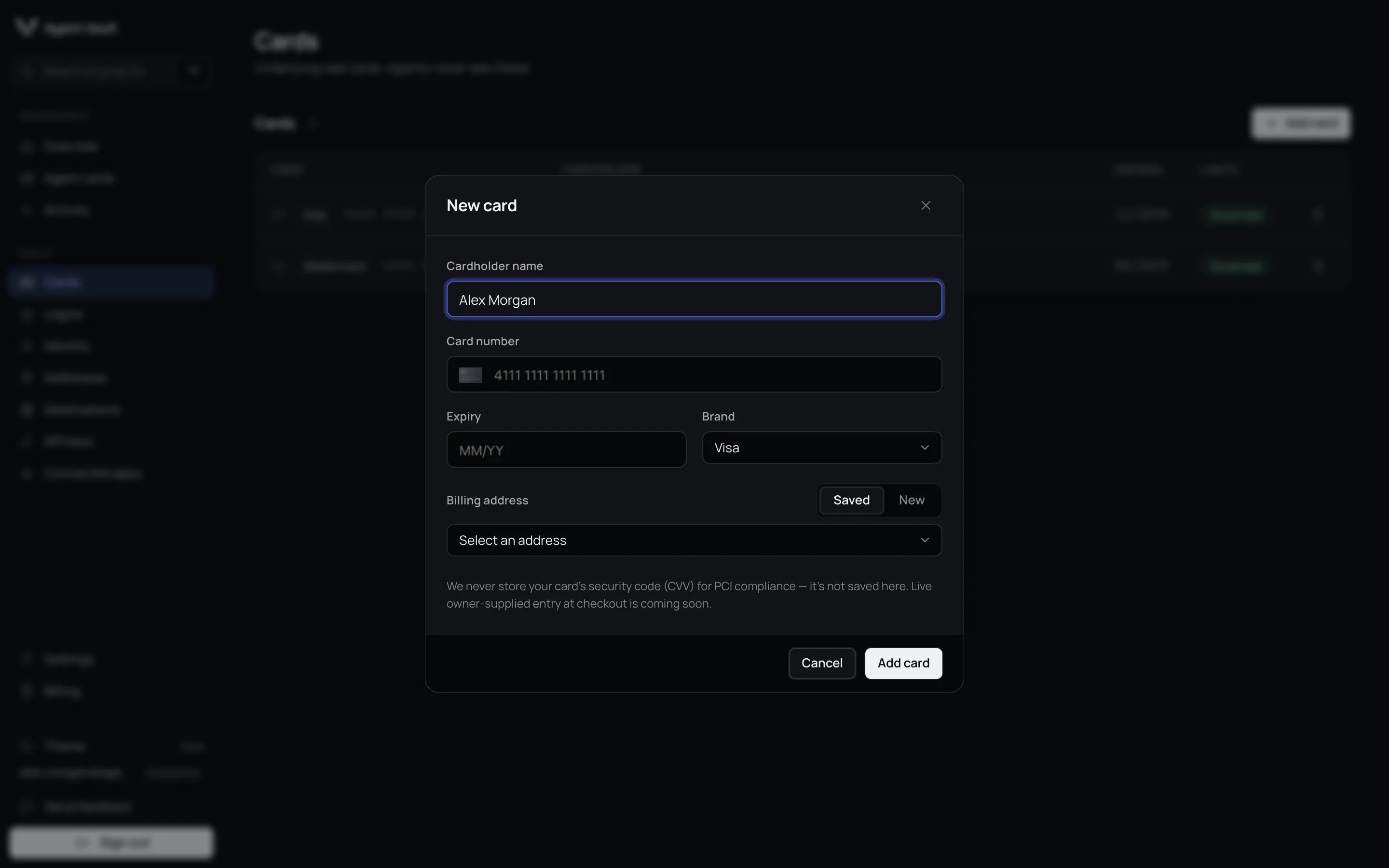 The New card dialog with Cardholder name, Card number, Expiry, Brand and Billing address fields, and Cancel and Add card buttons.