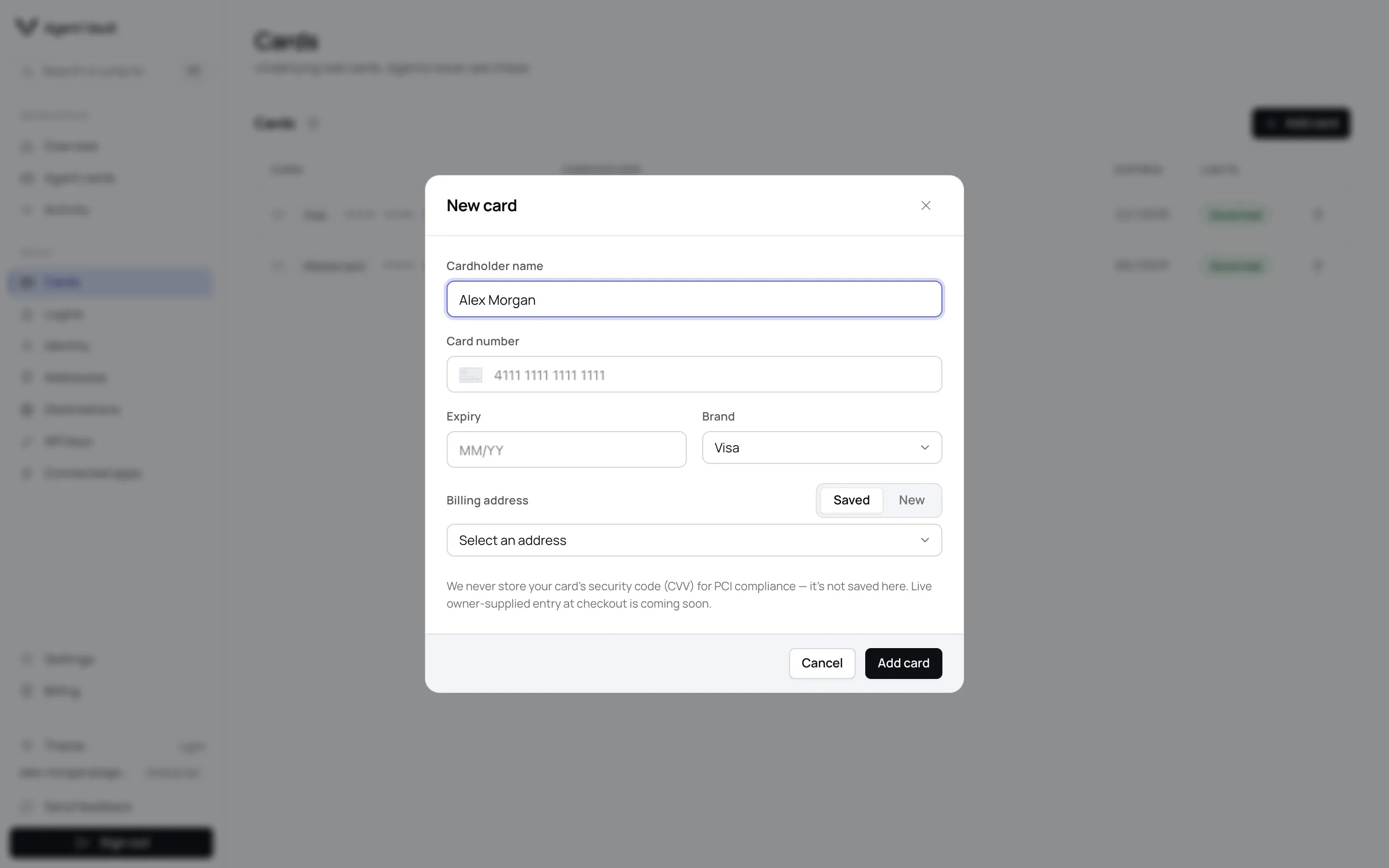The New card dialog with Cardholder name, Card number, Expiry, Brand and Billing address fields, and Cancel and Add card buttons.