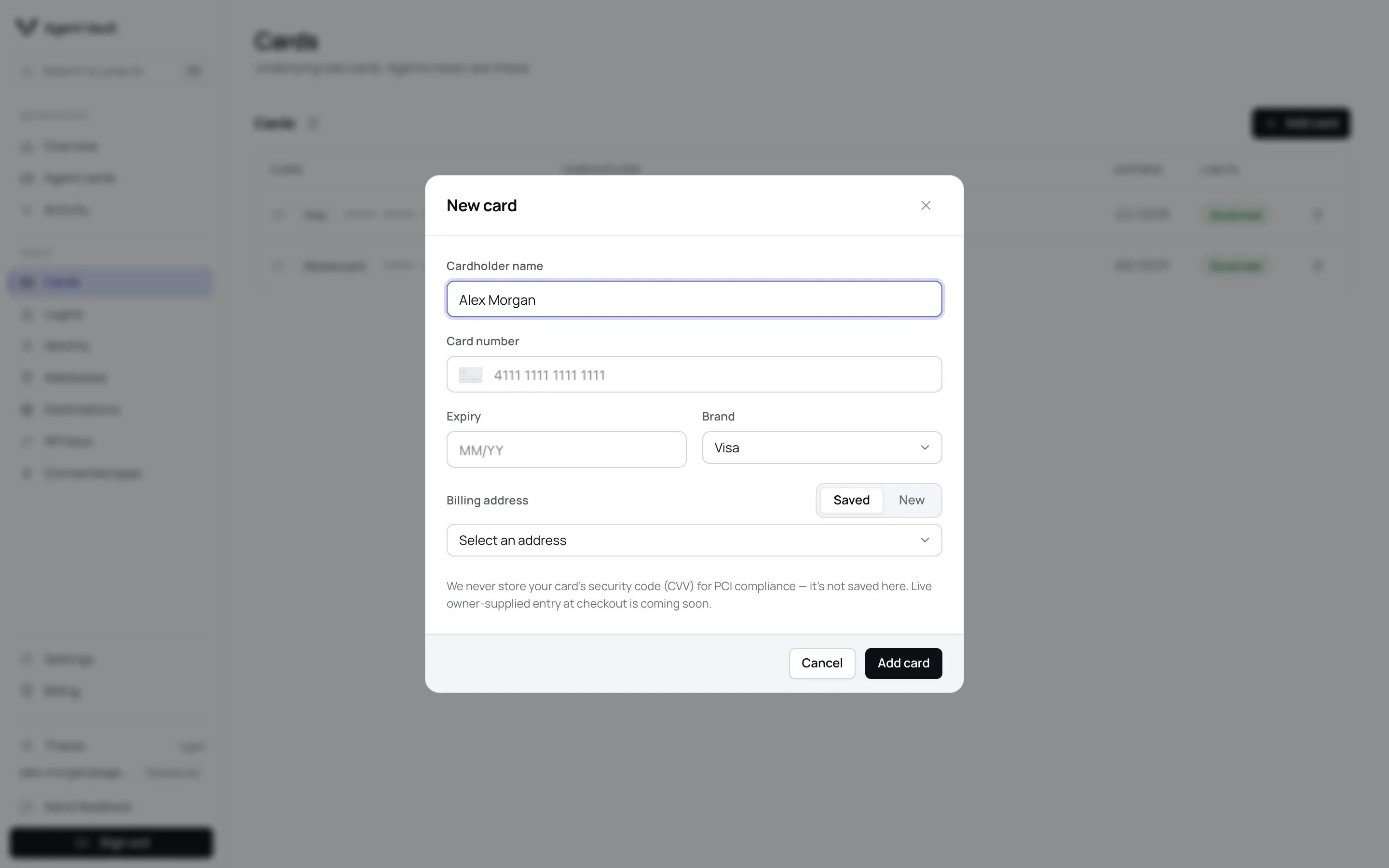The New card dialog with Cardholder name, Card number, Expiry, Brand and Billing address fields, and Cancel and Add card buttons.