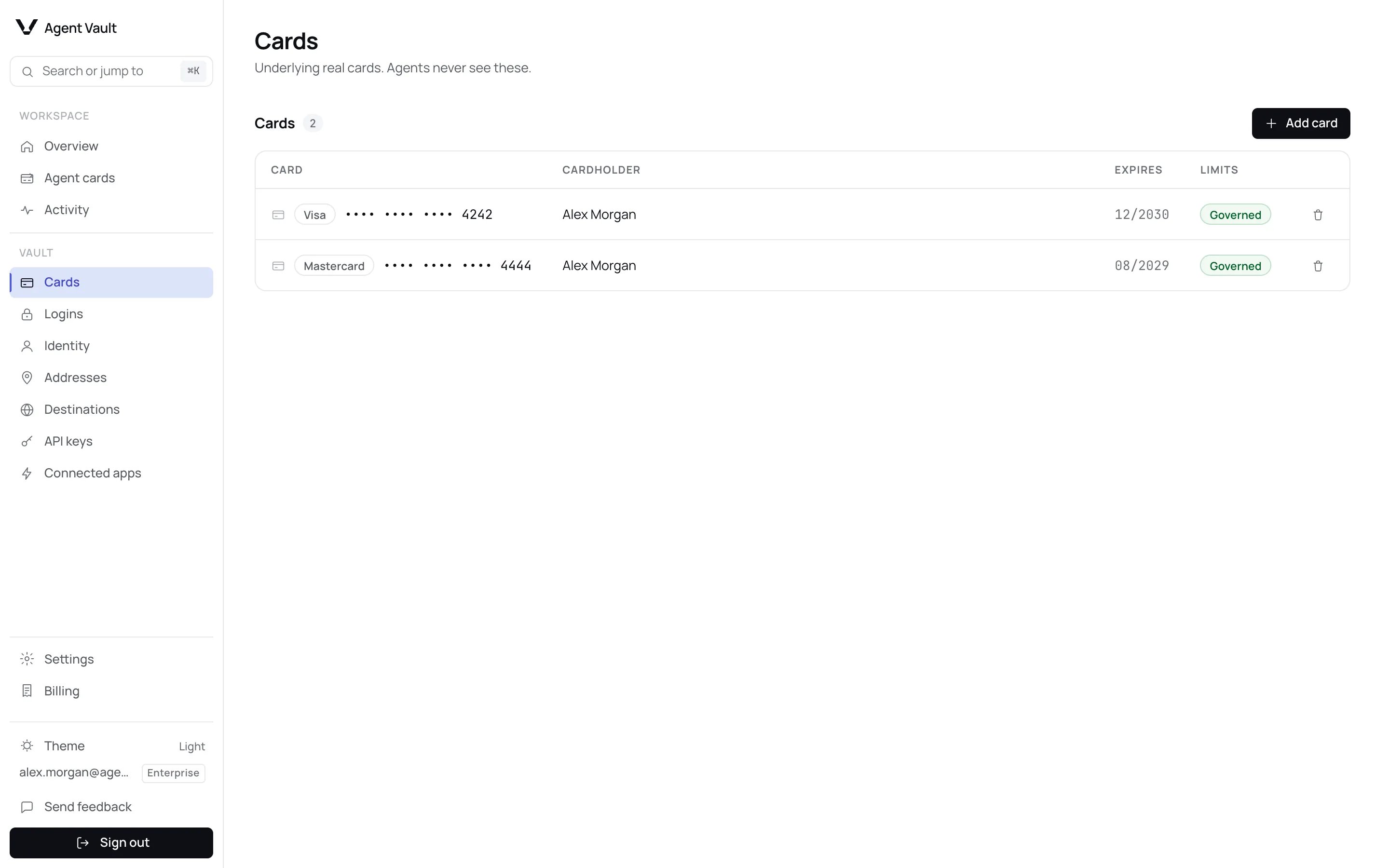 The Cards page listing two cards with brand, masked number, cardholder, expiry, and a Governed status in the Limits column.