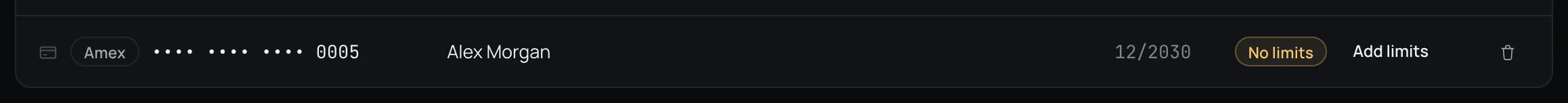 A row in the Cards list with a yellow No limits chip and an Add limits button in the Limits column.