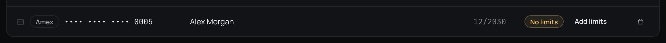 A row in the Cards list with a yellow No limits chip and an Add limits button in the Limits column.