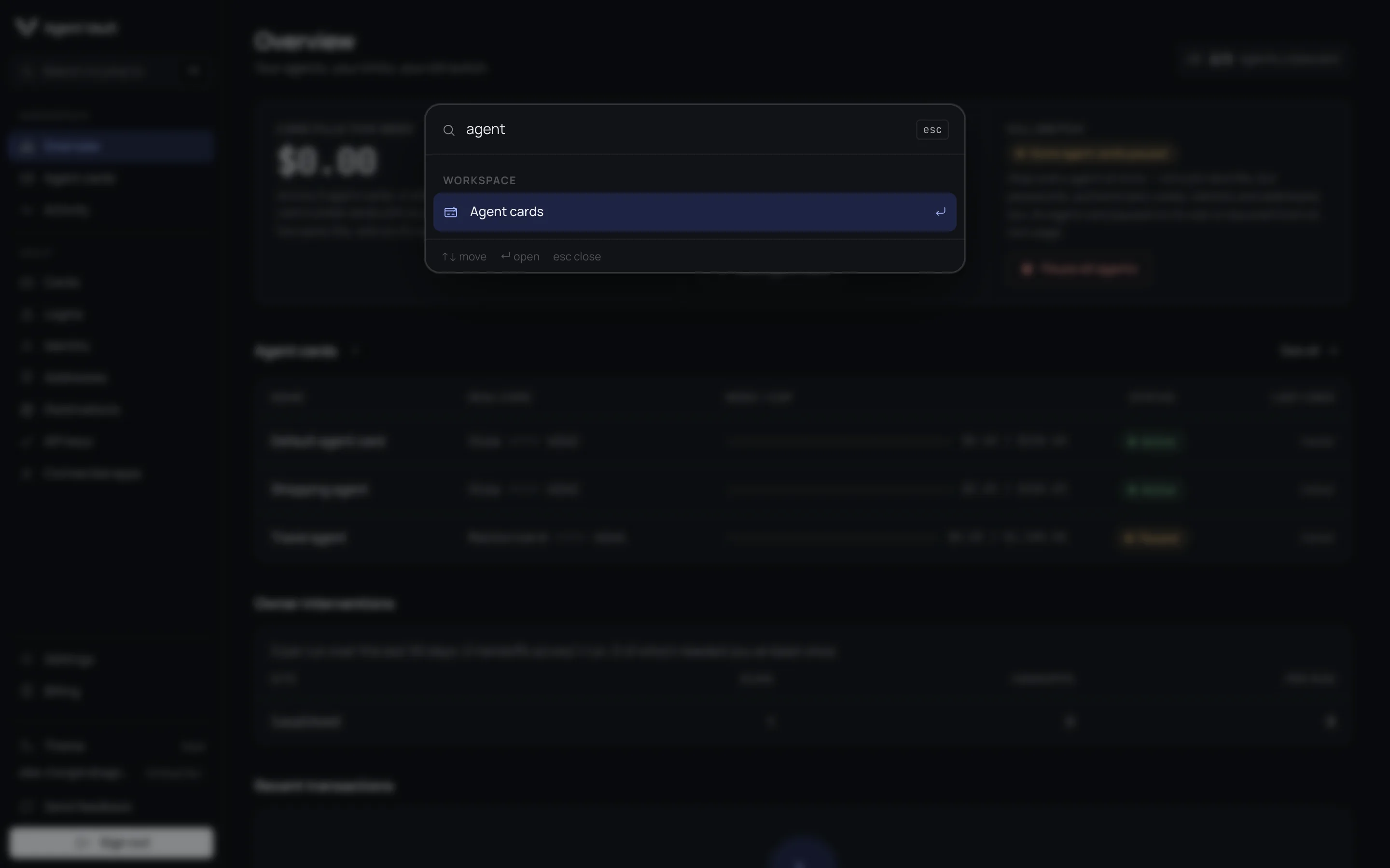 Command palette open with agent typed and one match, Agent cards, under Workspace.