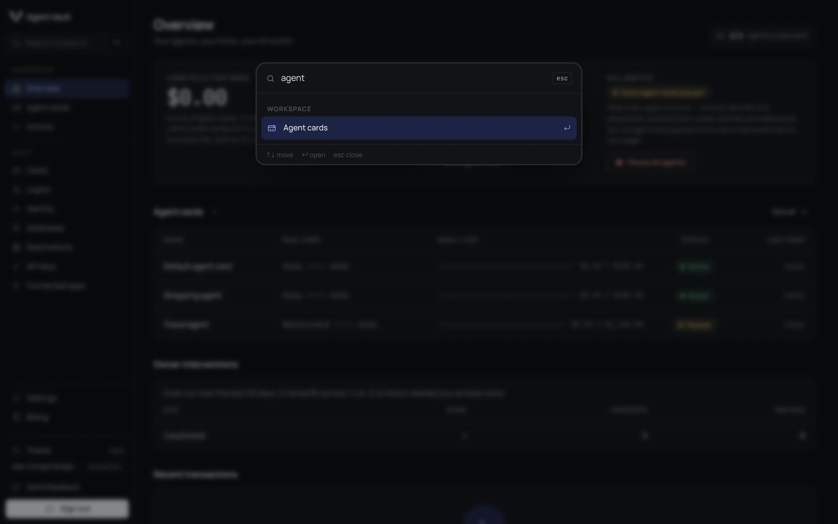 Command palette open with agent typed and one match, Agent cards, under Workspace.