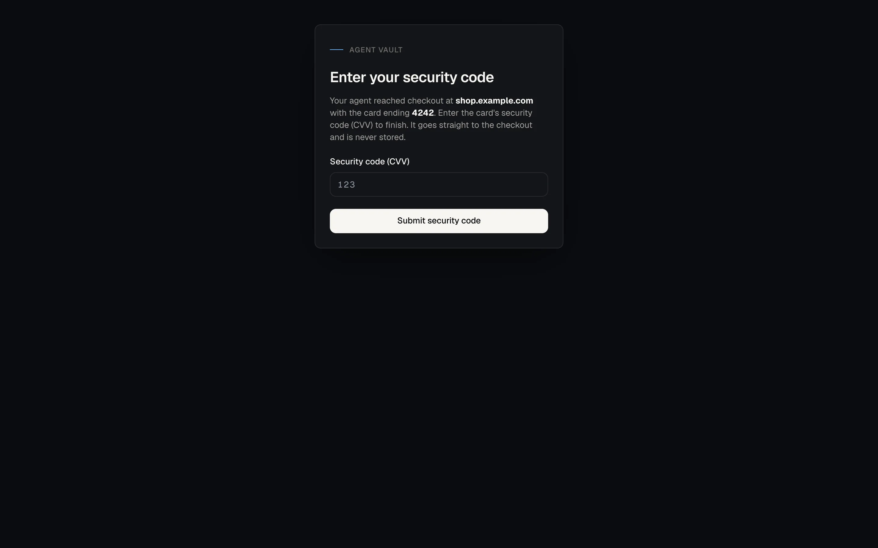 The live CVV entry page naming the merchant and the card, with a single security code field.