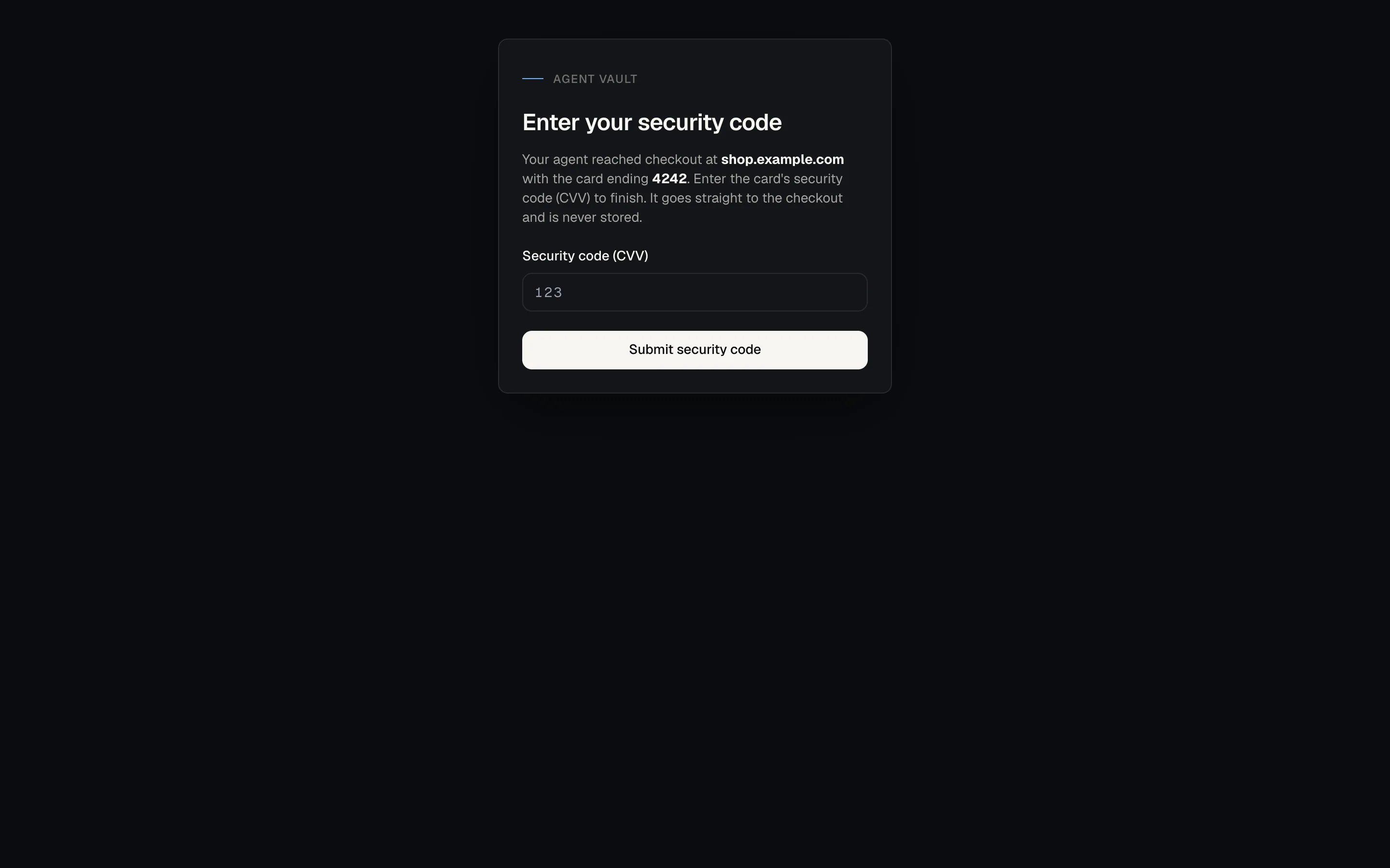 The live CVV entry page showing the merchant, the card's last four digits and a code field.