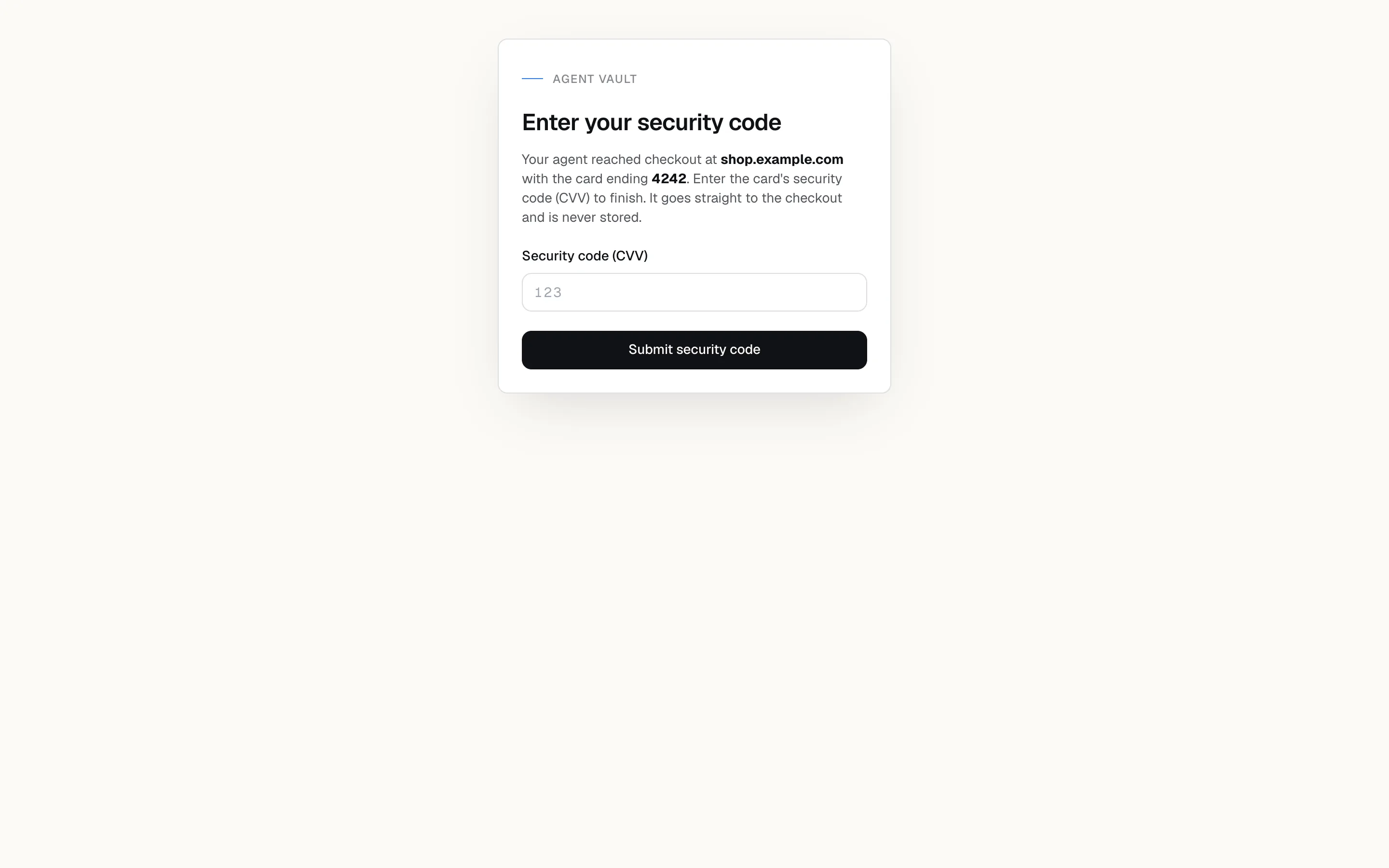 The live CVV entry page naming the merchant and the card, with a single security code field.