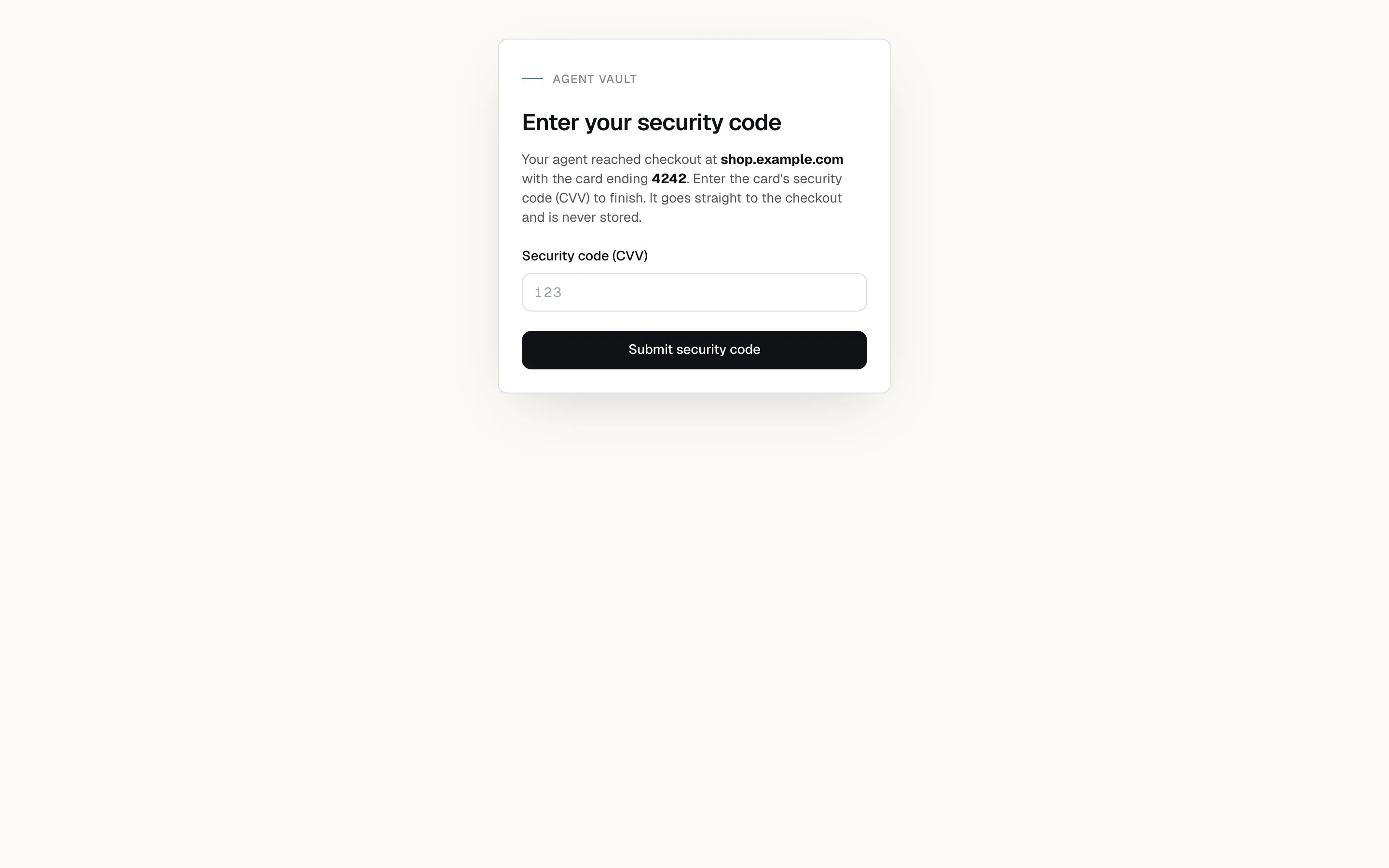 The live CVV entry page showing the merchant, the card's last four digits and a code field.