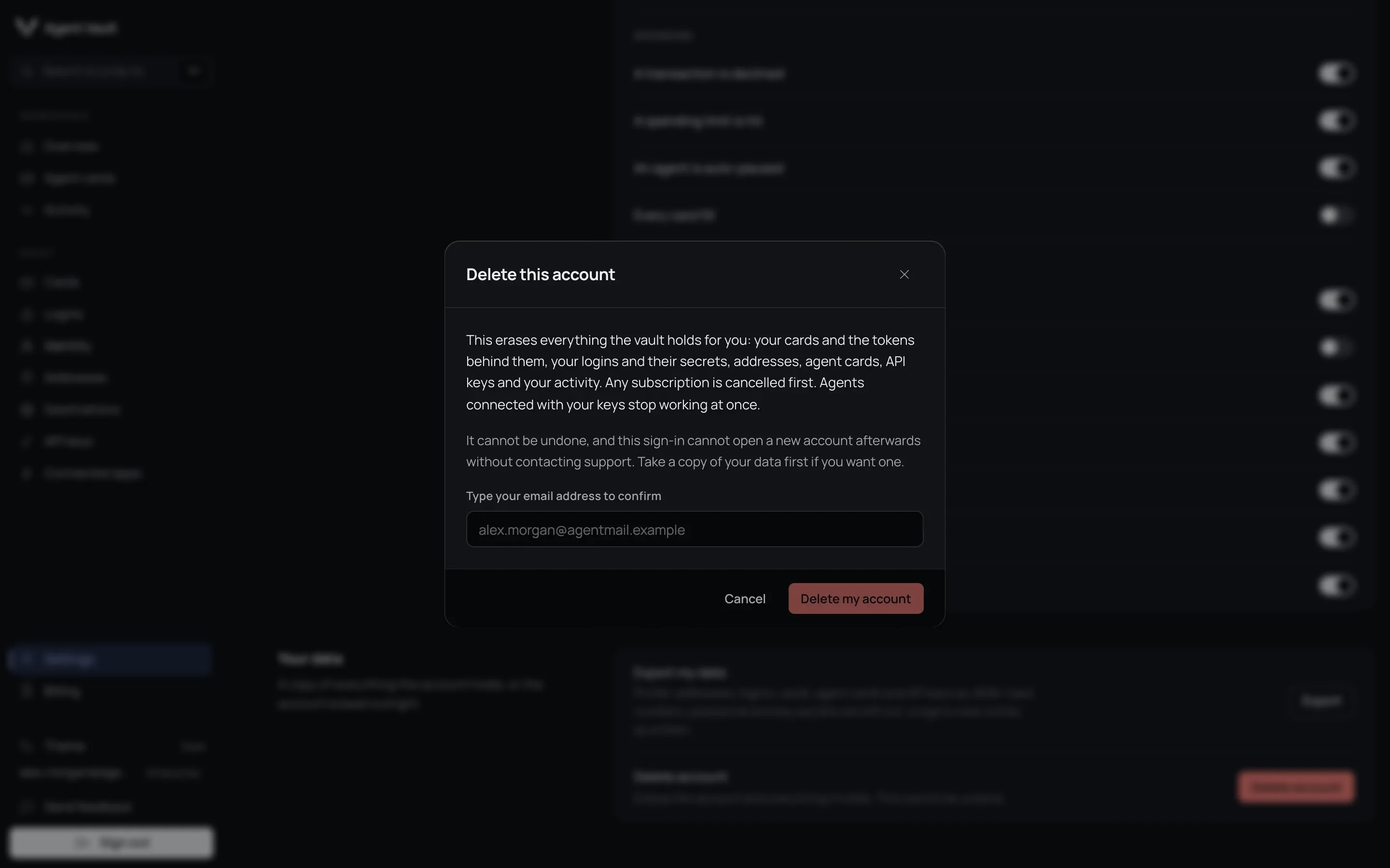 The Delete this account dialog explaining what is erased, with a field to type your email address and a Delete my account button.