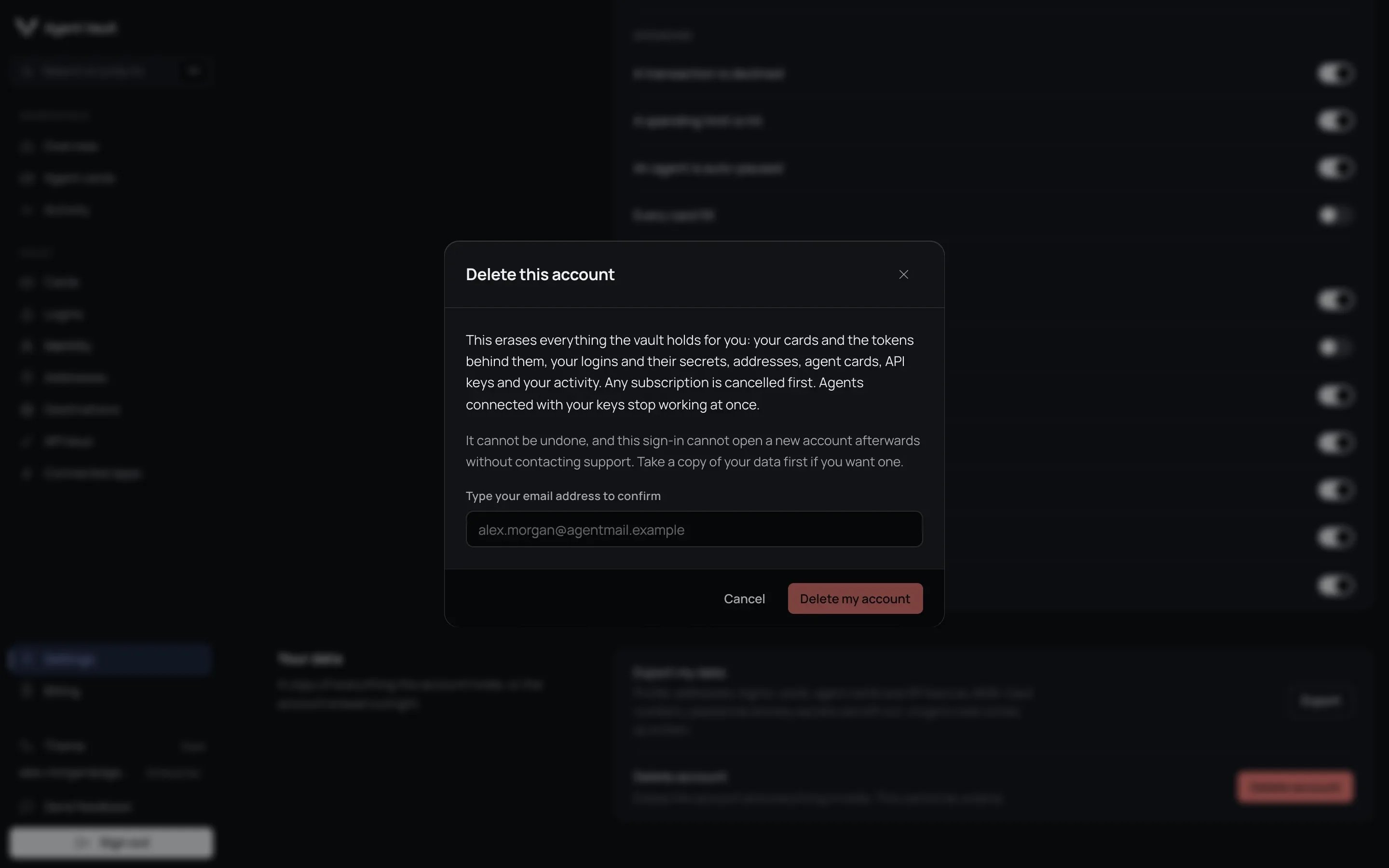 The Delete this account dialog explaining what is erased, with a field to type your email address and a Delete my account button.