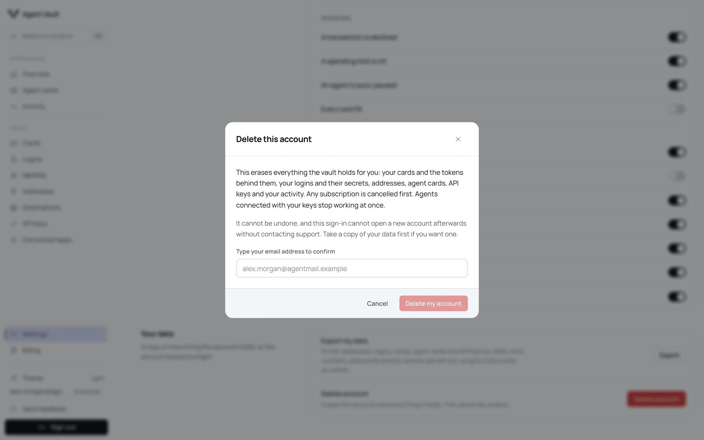 The Delete this account dialog explaining what is erased, with a field to type your email address and a Delete my account button.