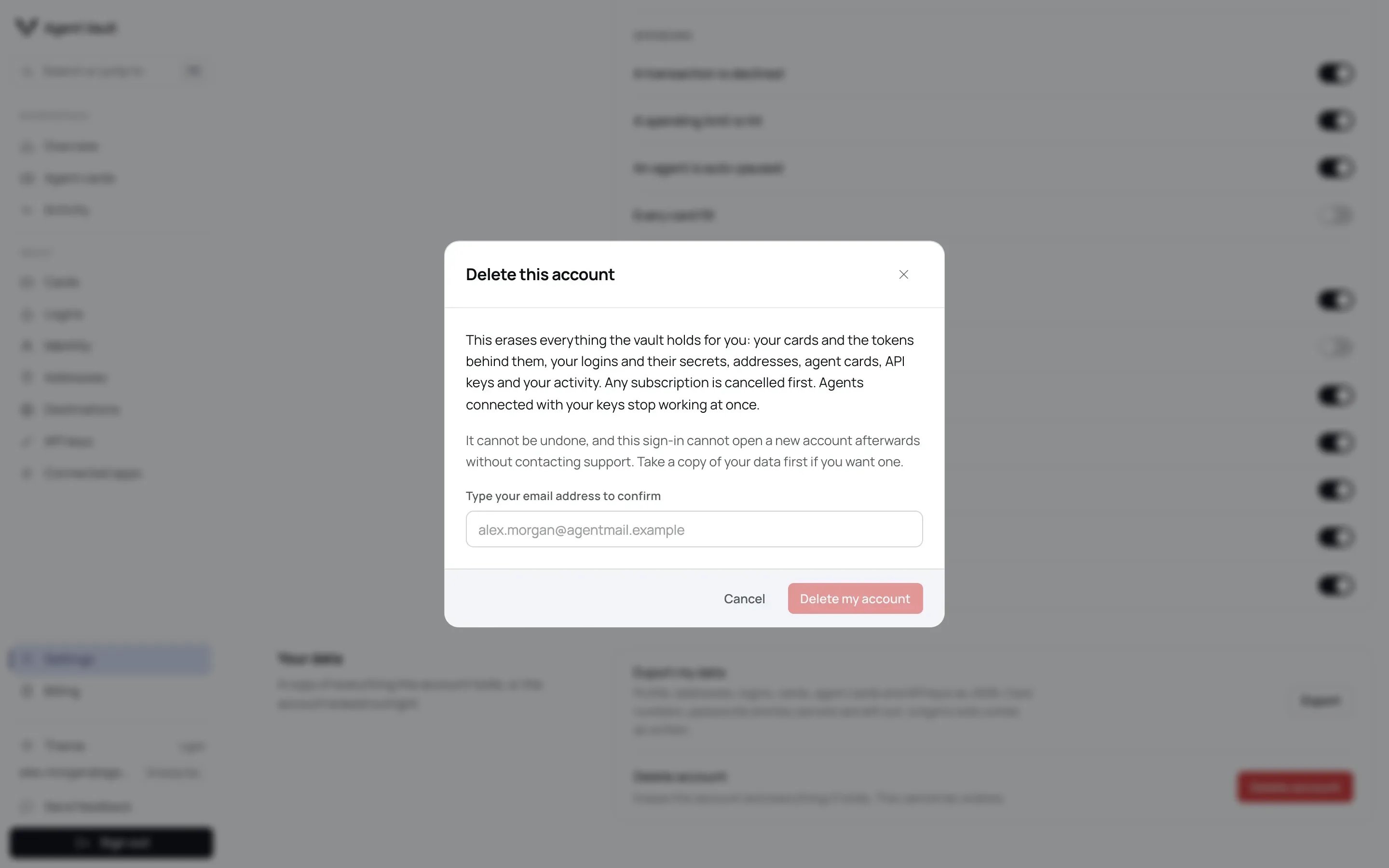 The Delete this account dialog explaining what is erased, with a field to type your email address and a Delete my account button.