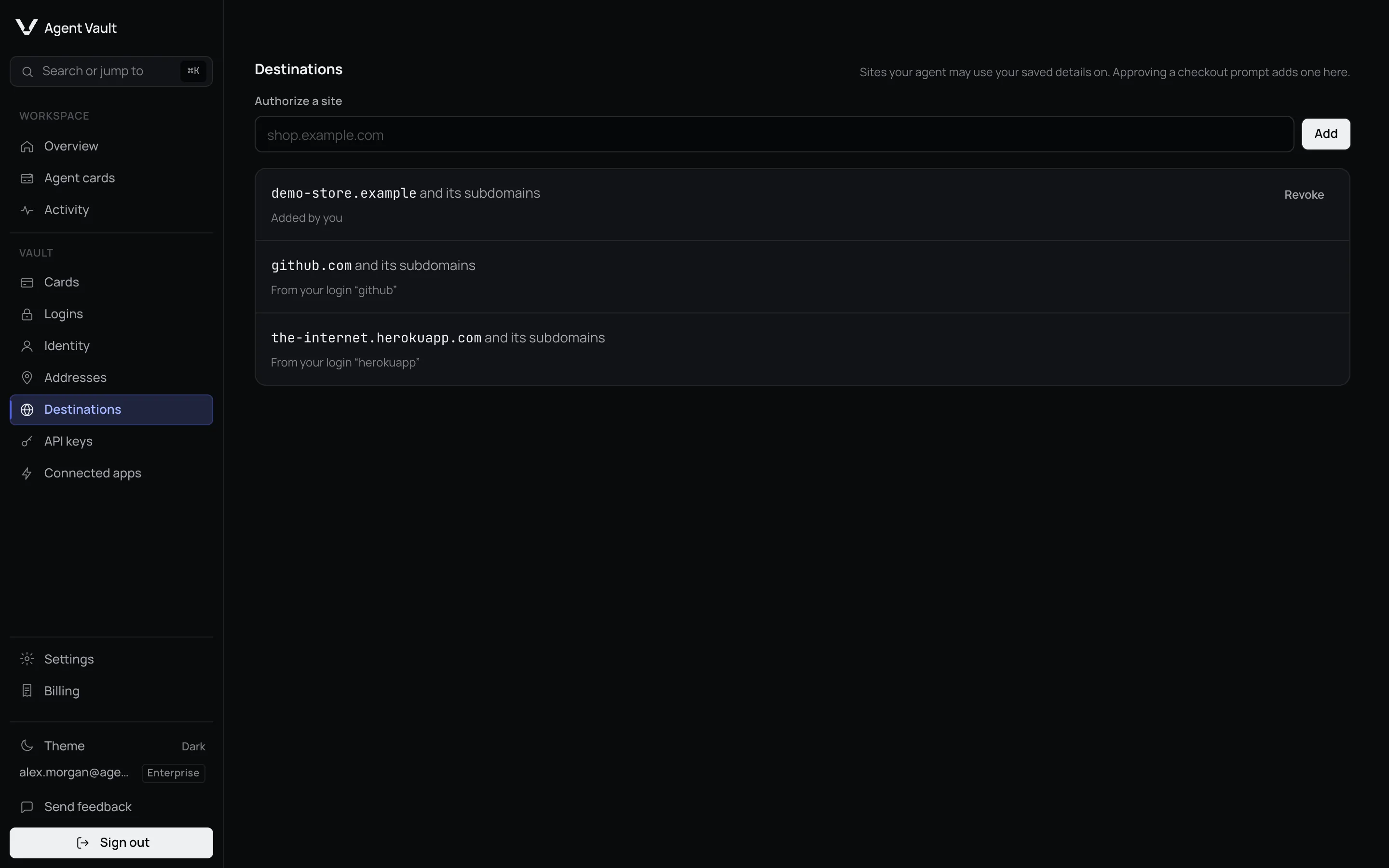 The Destinations page with an Authorize a site field and three sites, each with the reason it is authorized: shop.example.com, Added by you, with a Revoke button, and two sites From your login github and From your login herokuapp.