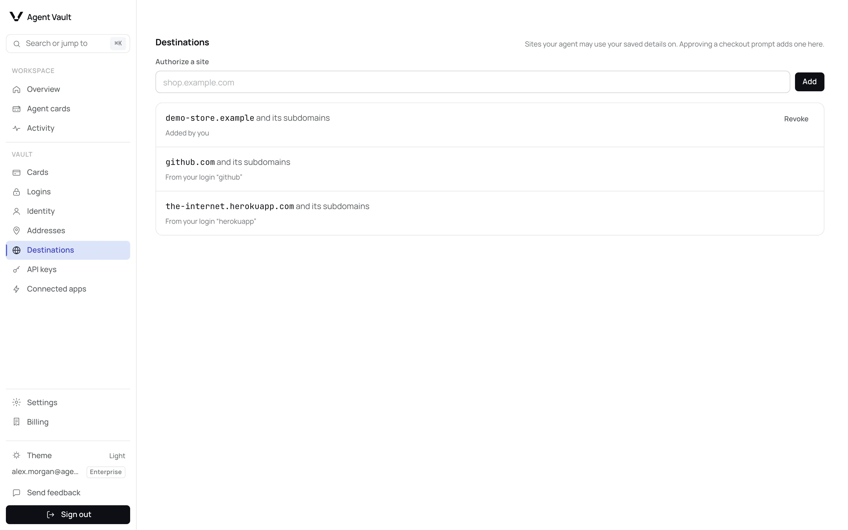 The Destinations page with an Authorize a site field and three sites, each with the reason it is authorized: shop.example.com, Added by you, with a Revoke button, and two sites From your login github and From your login herokuapp.