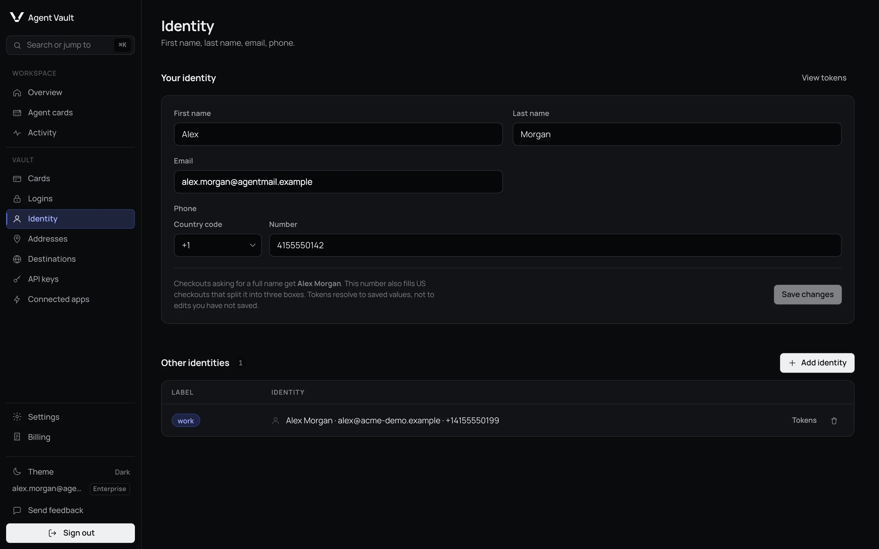 The Identity page with First name, Last name, Email, and a Phone field split into Country code and Number, plus a Save changes button.